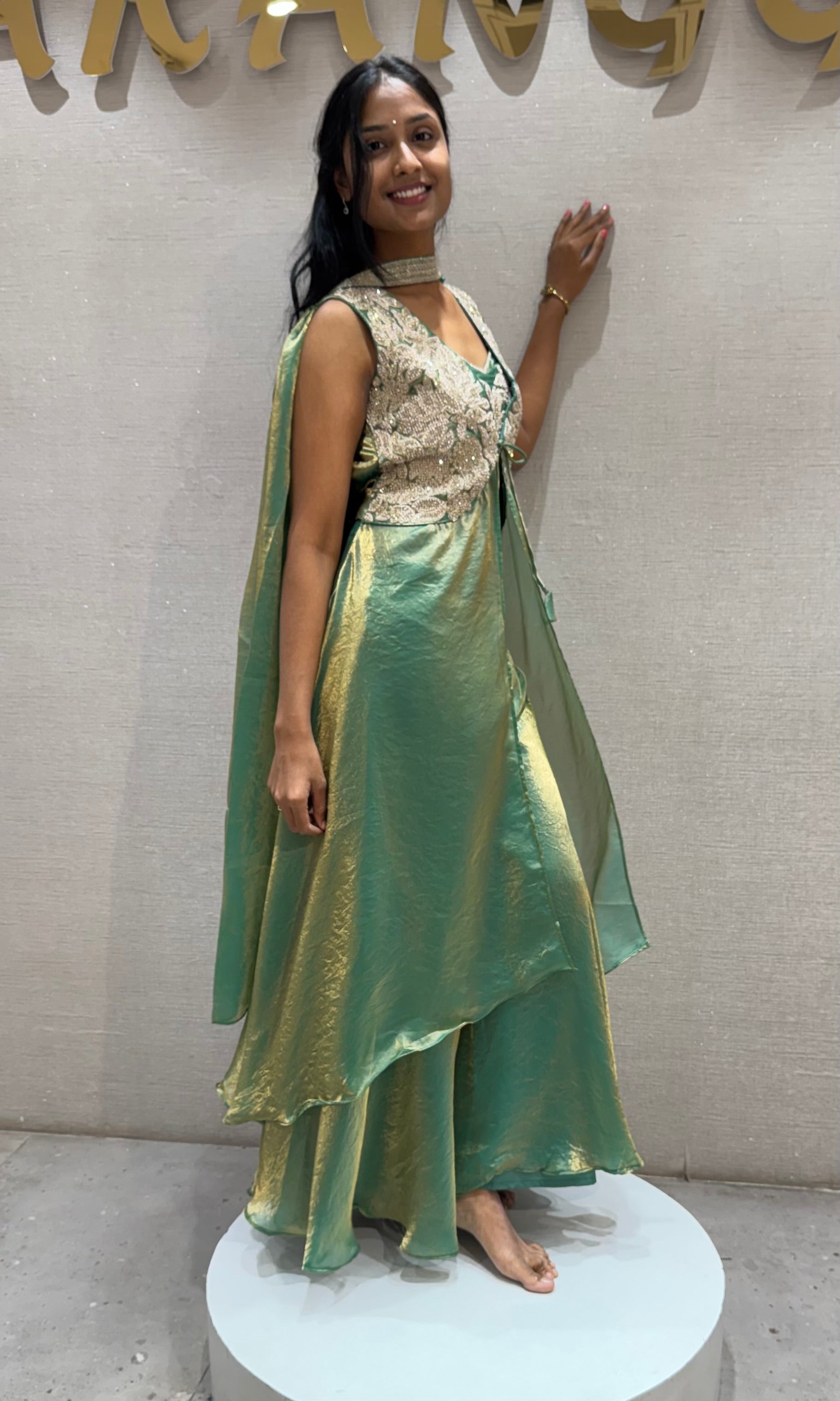 Rama Green Shimmer Tissue Palazzo Set