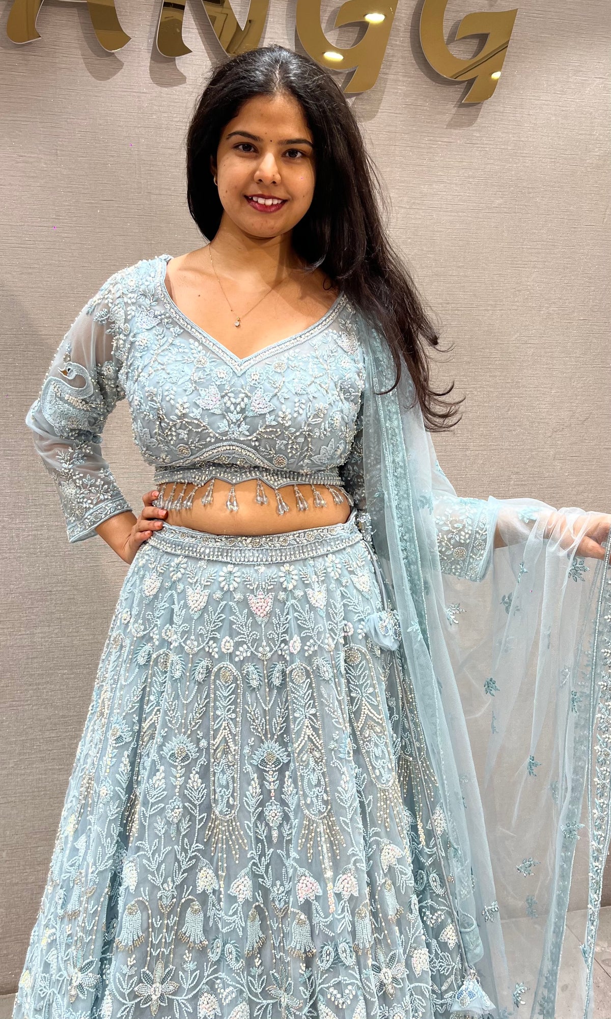 Powder Blue Floral silk Embroidered Bridal Lehenga set with dupatta