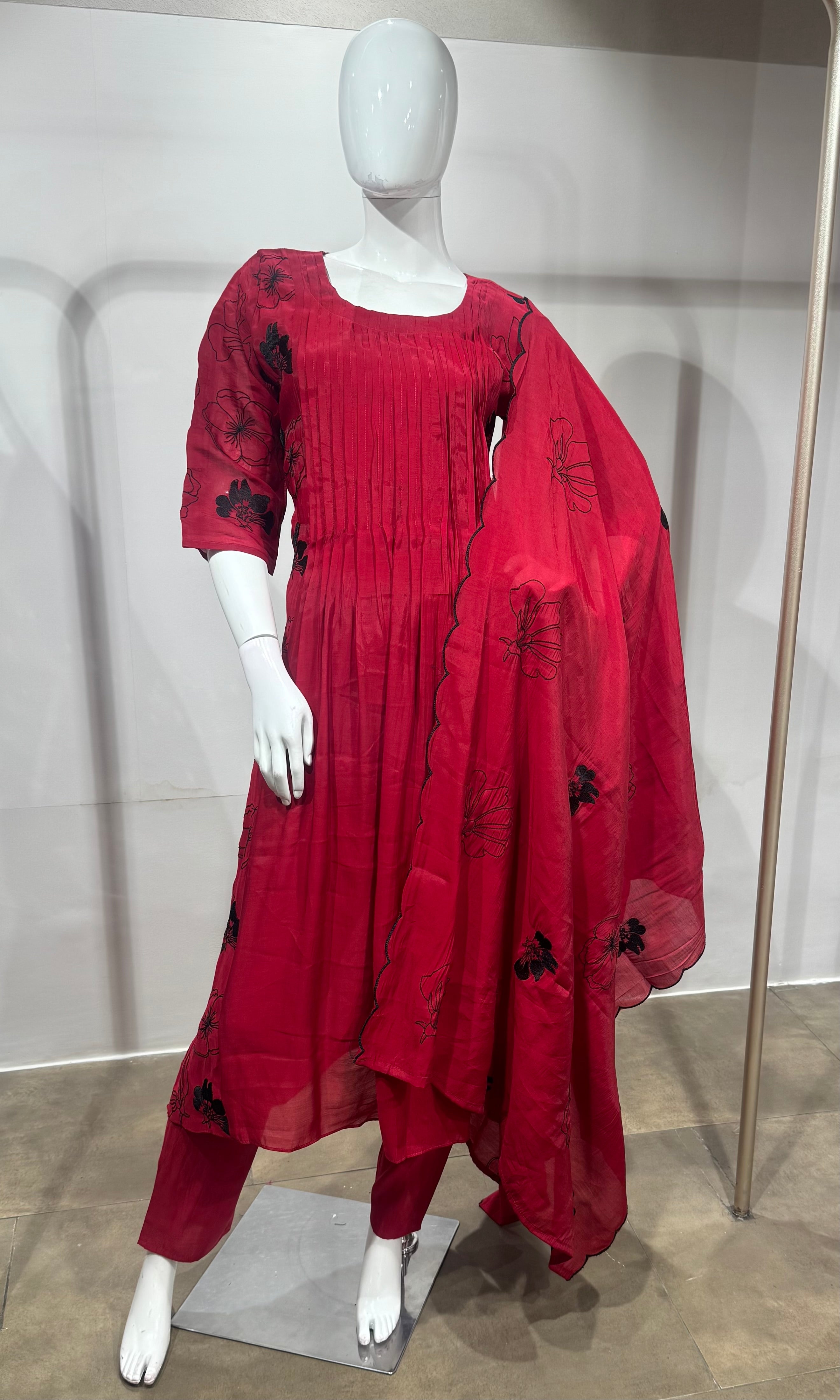 Rani Floral Mul chanderi Kurta Set with Dupatta