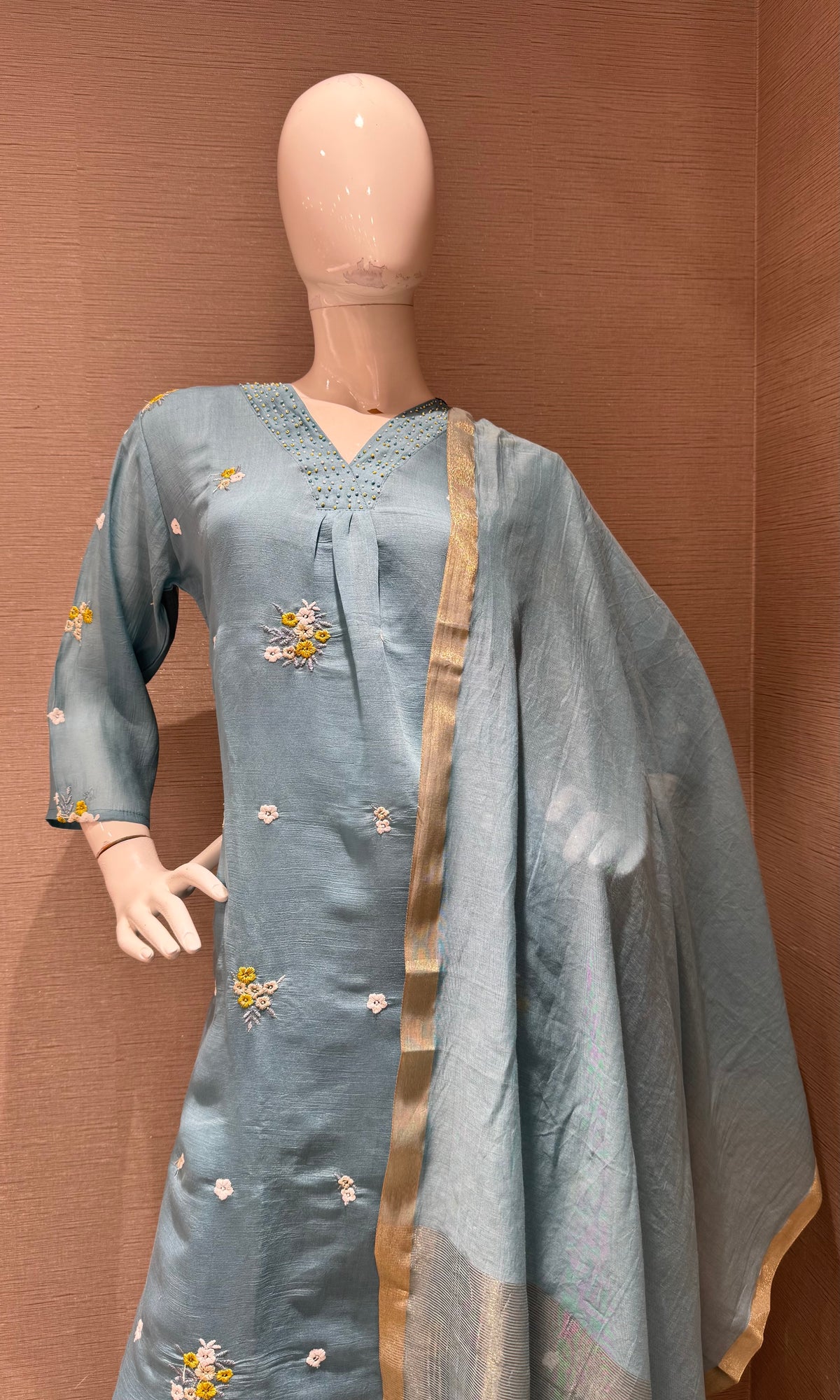 Light Blue Chanderi Kurta Set with Gold Zari Border Dupatta