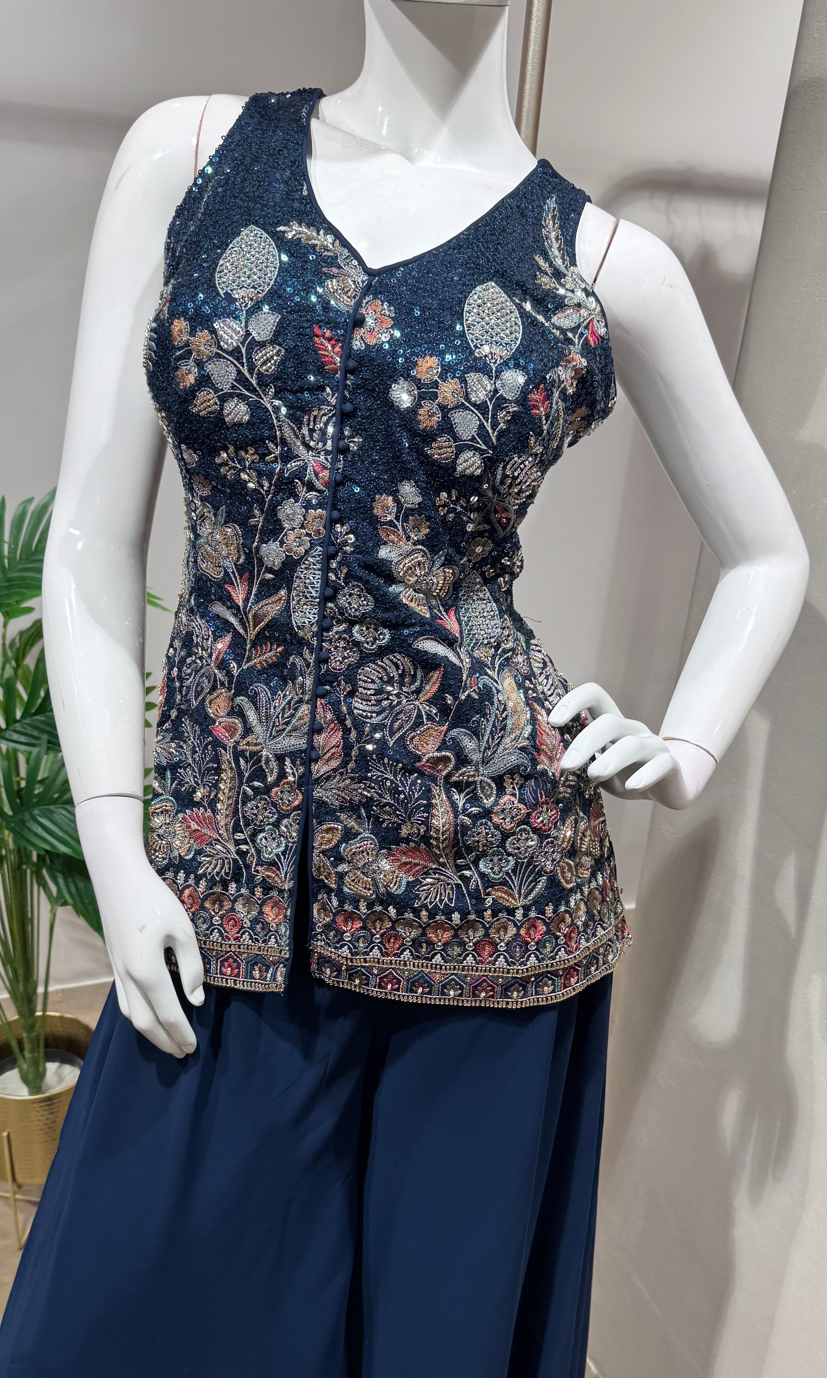 Navy blue georgette sequin palazzo suit