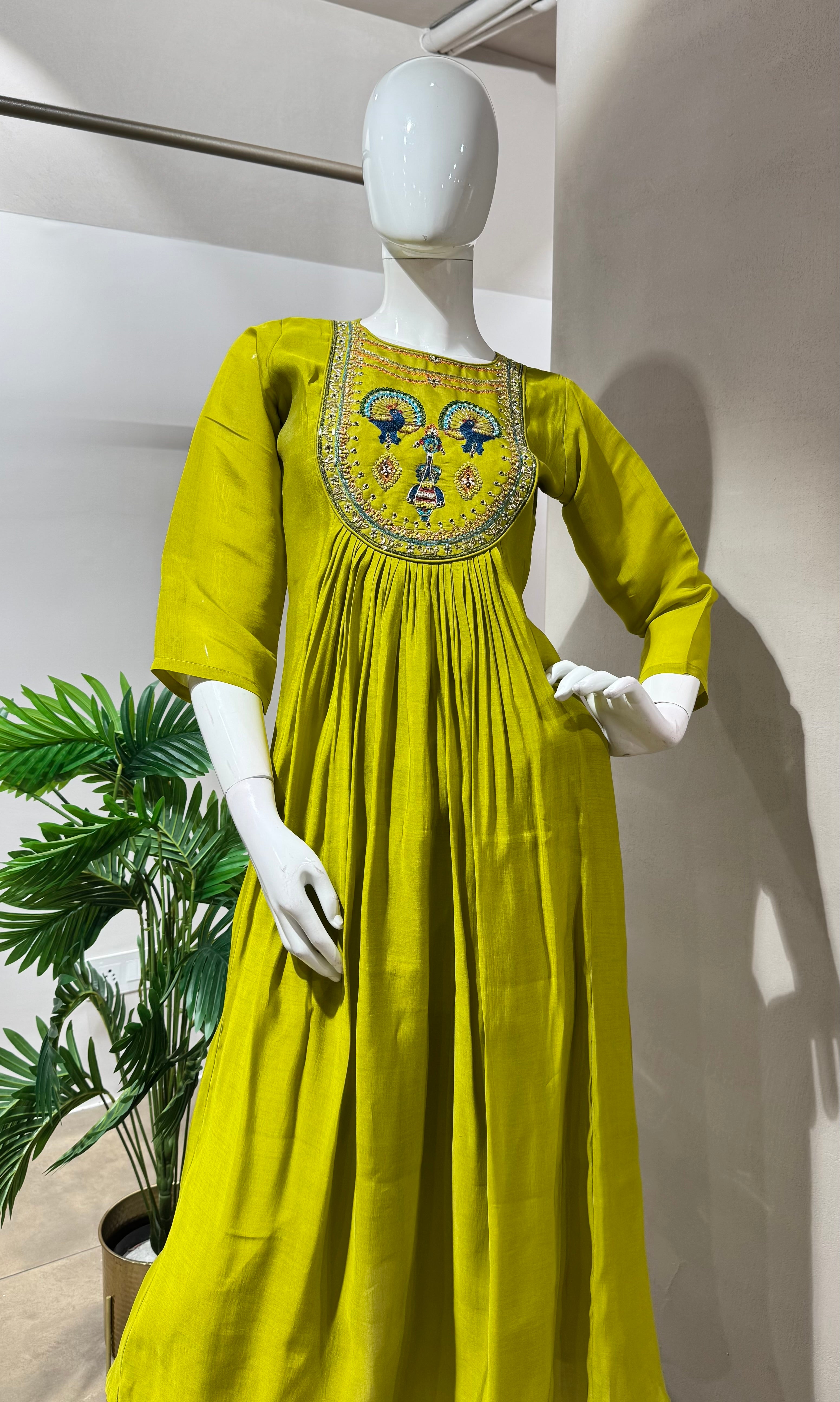 GREEN PEACOCK MUL CHANDERI KURTA SET