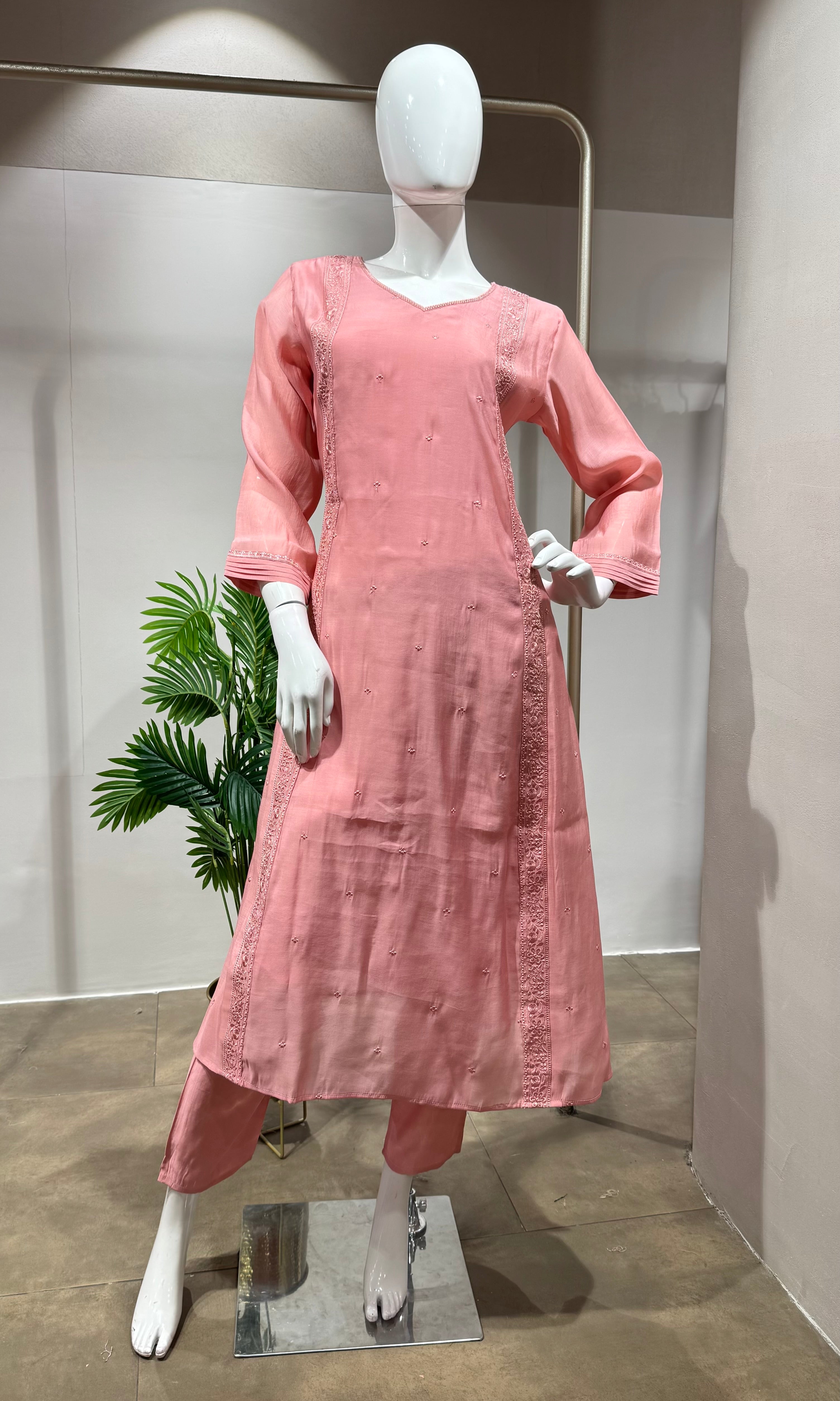 BABY PINK Embroidered Chanderi Kurta Set