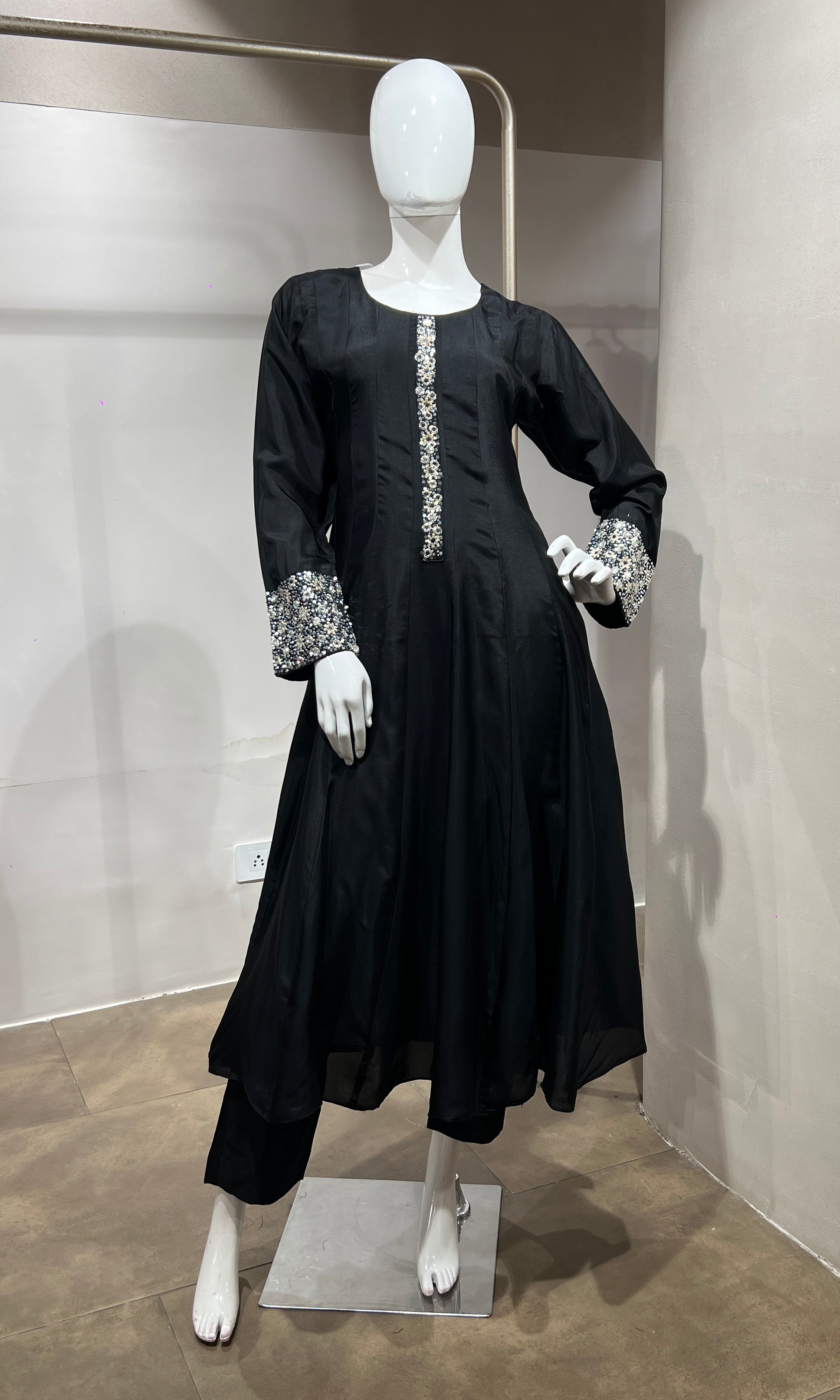 black Straight Kurta Set with Mirror Embroidery