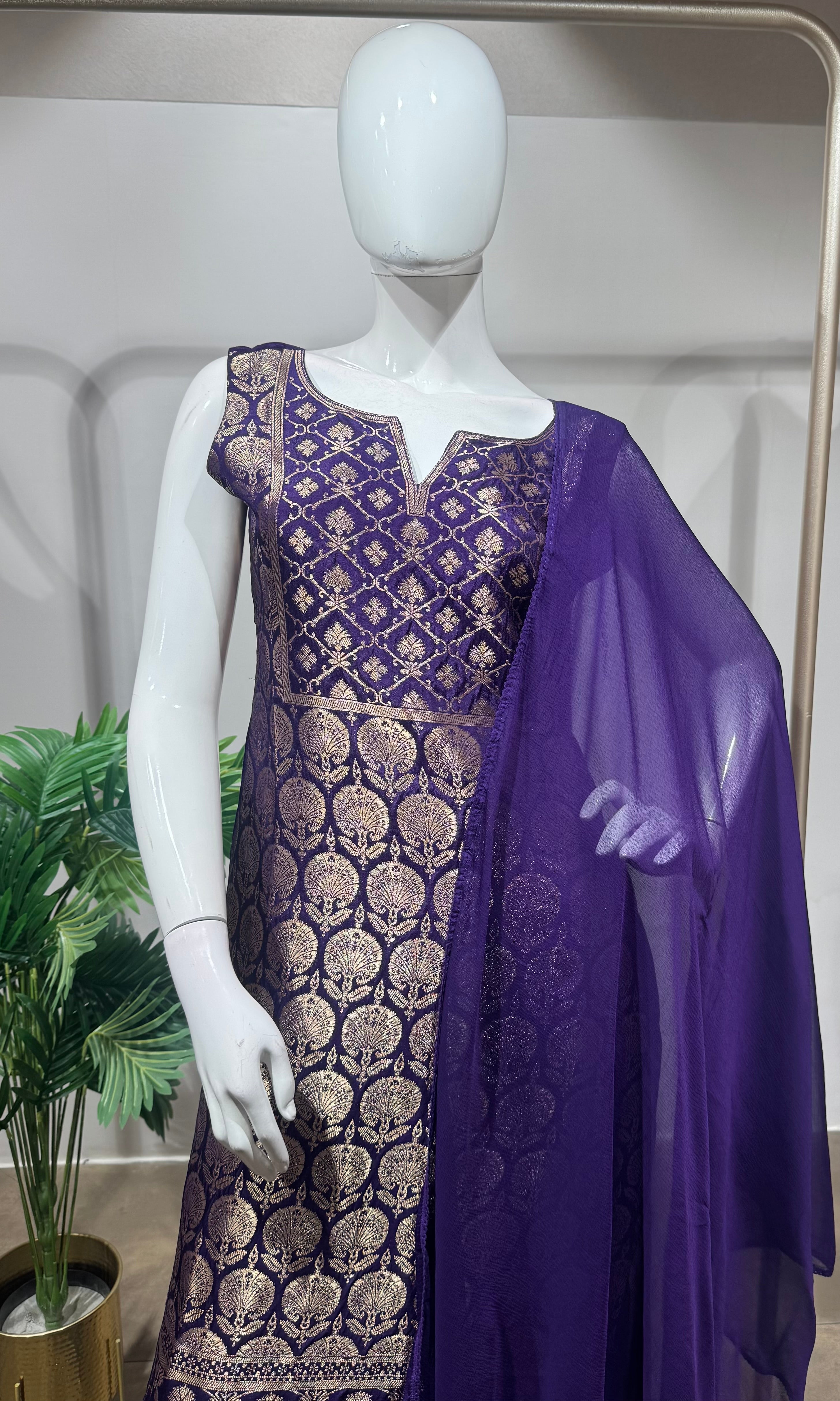 Purple golden banarasi kurta set