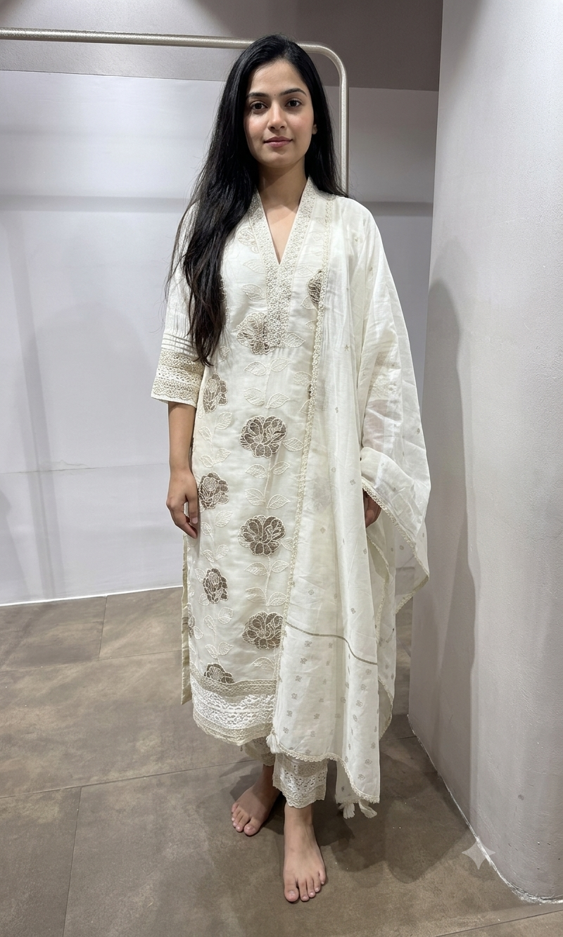 Cream gold Floral embroidered kurta set