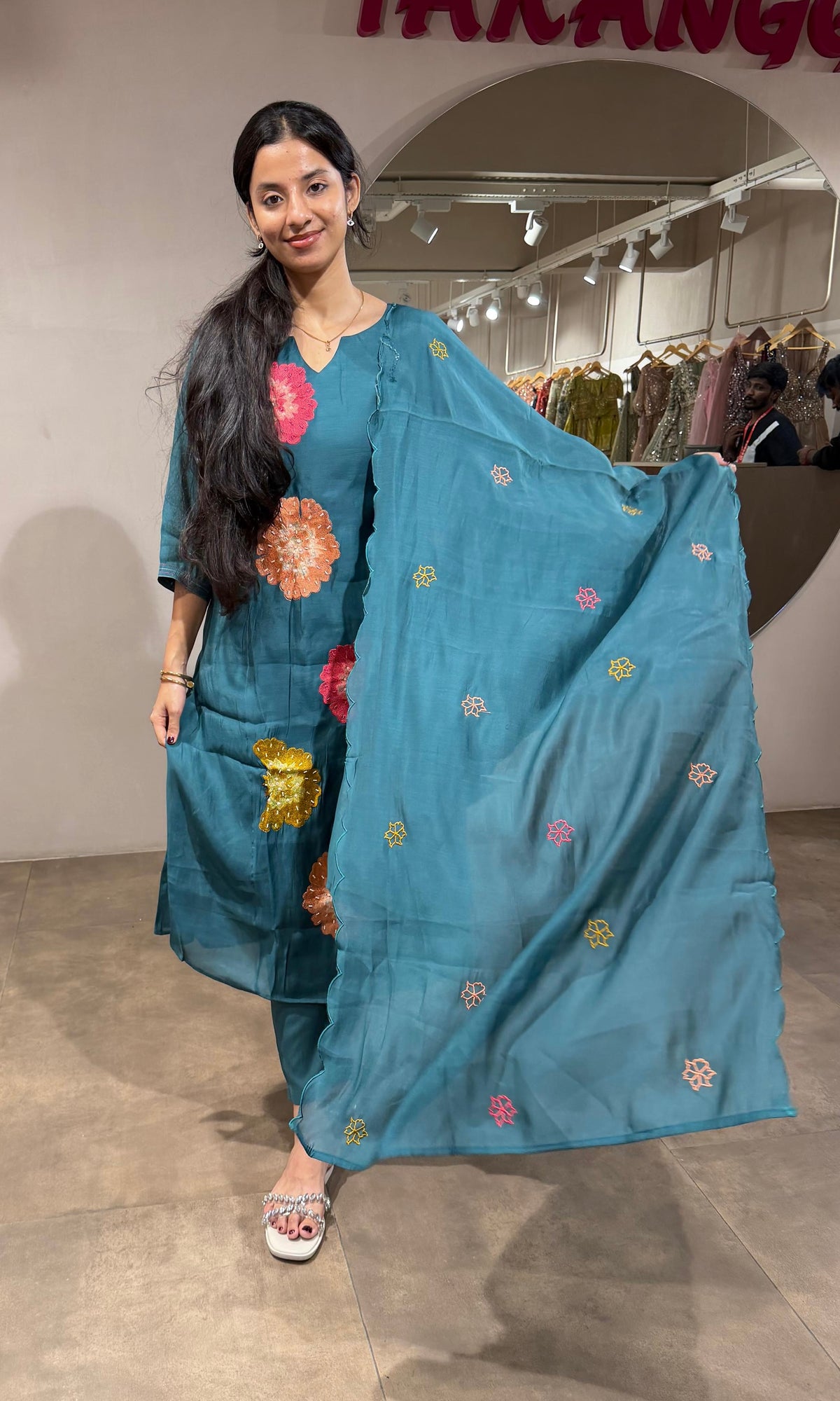 Sea Green cotton Floral Motif Kurta set with dupatta