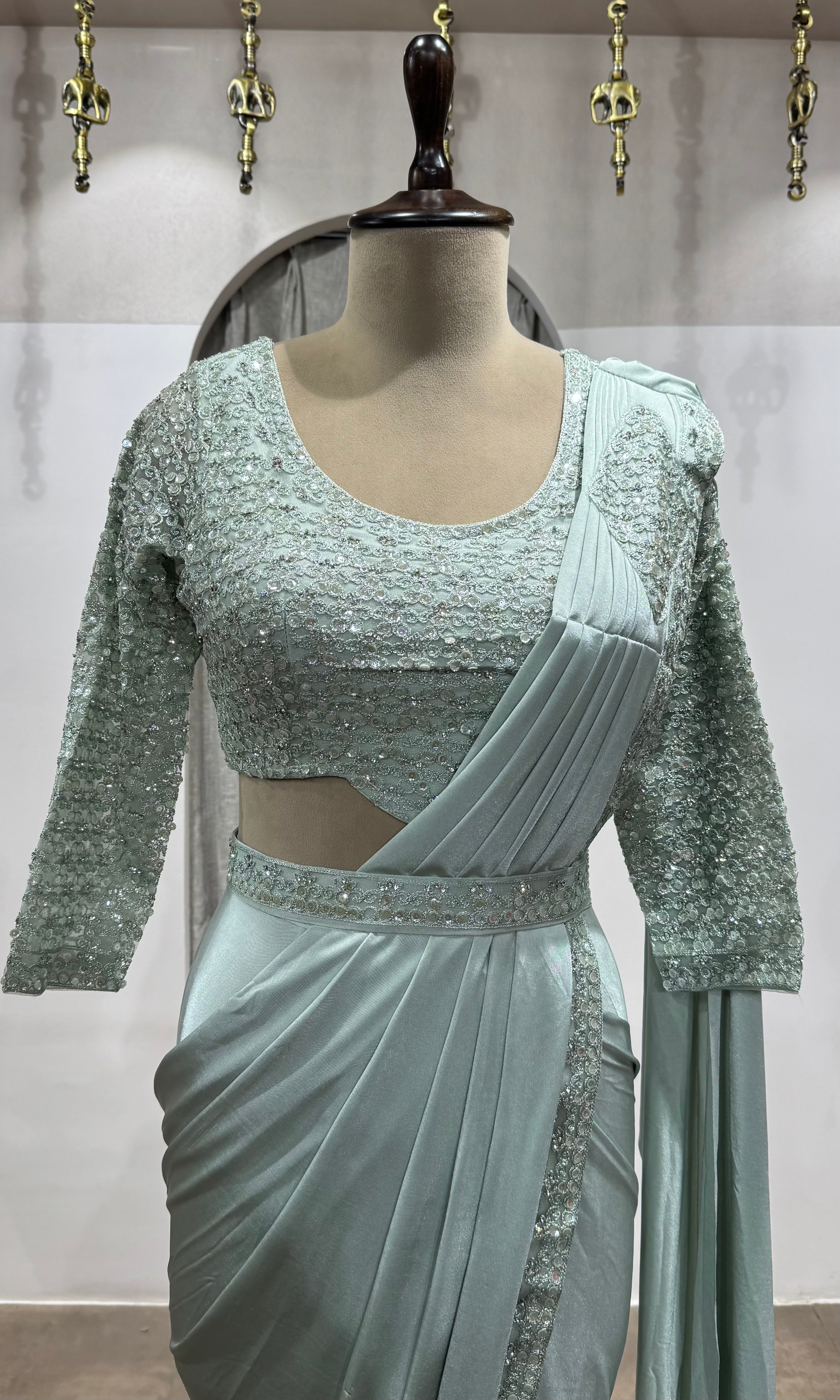 Pista Green DRAPE SAREE WITH ETHNIC BLOUSE & BELT
