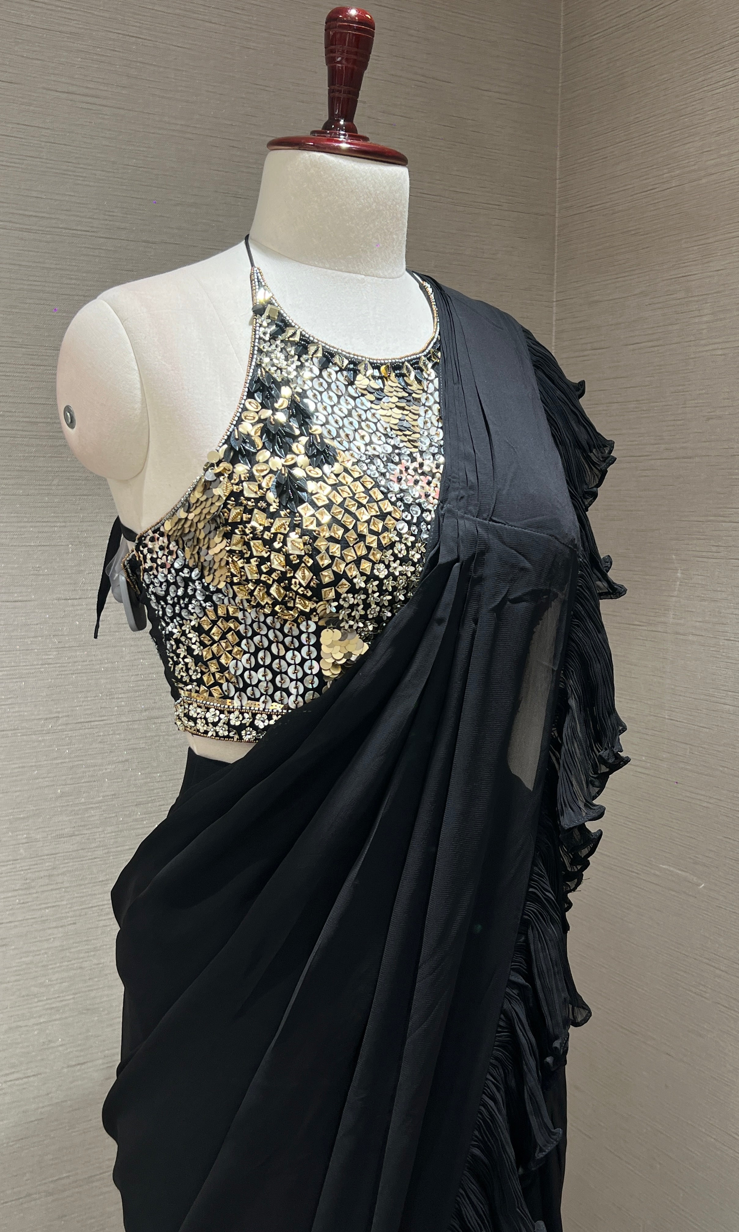 Black drape saree with  Sequin Halter Blouse