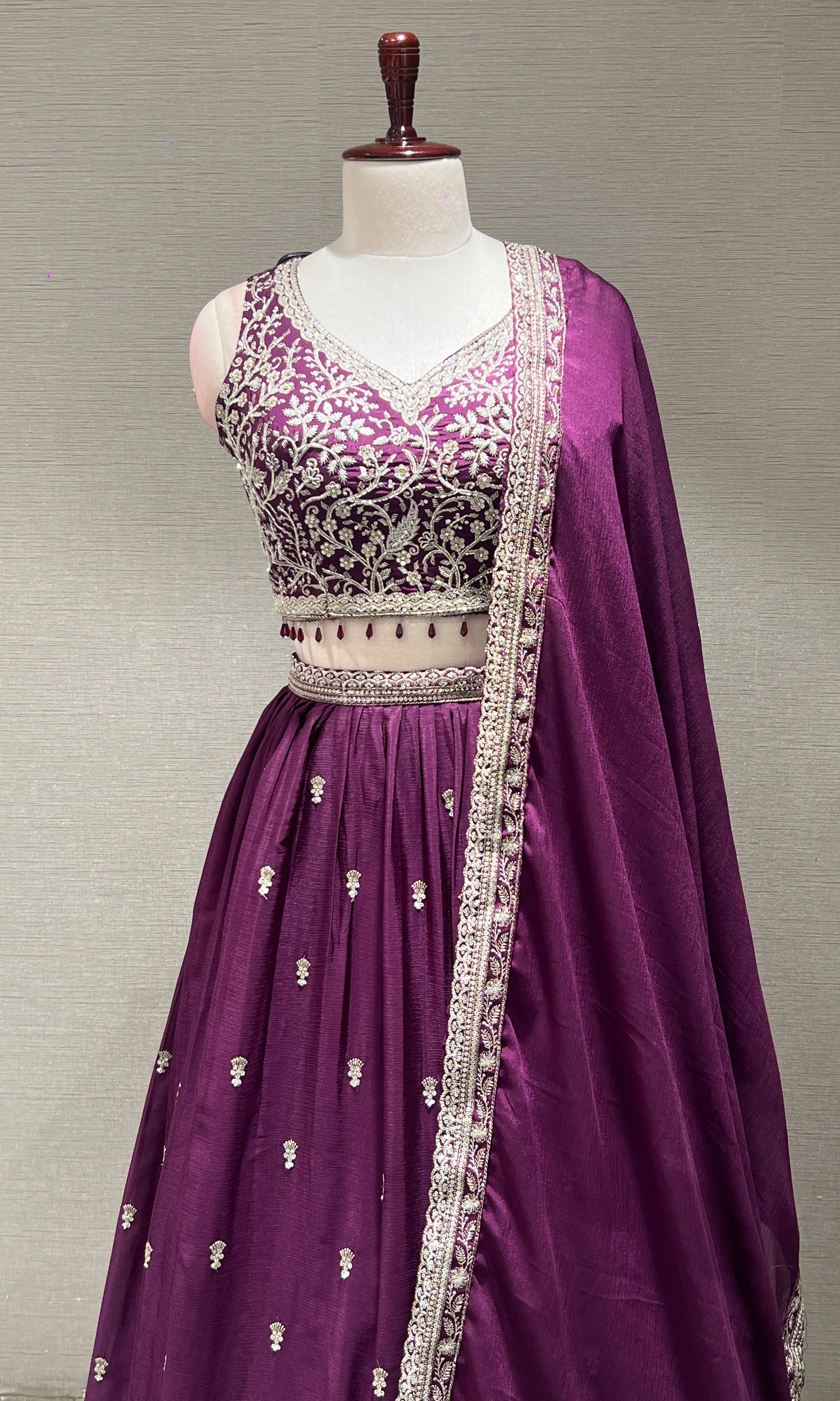 Wine Floral intricate Embroidery Lehenga