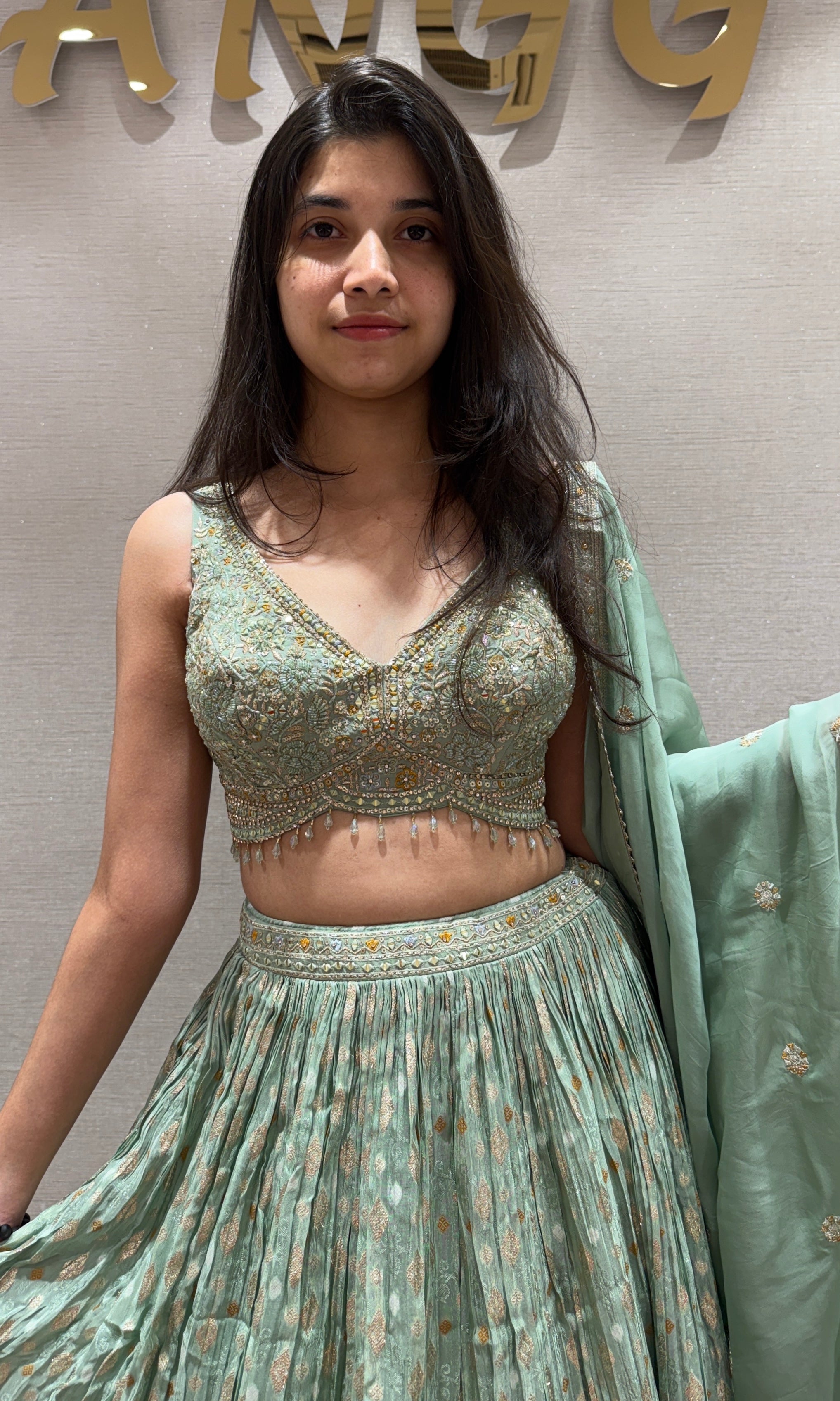 Pista Green Gold Woven Lehenga Ensemble