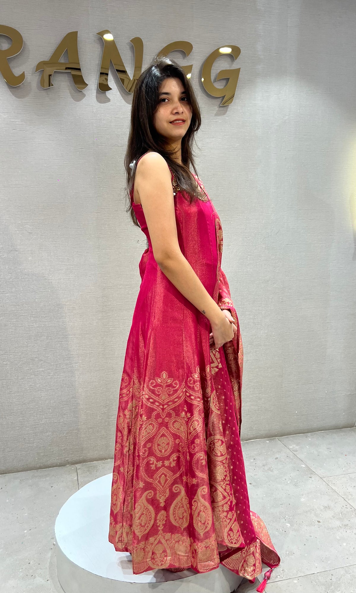 Pink banarasi silk Anarkali with Gold Zari Embroidery and Dupatta