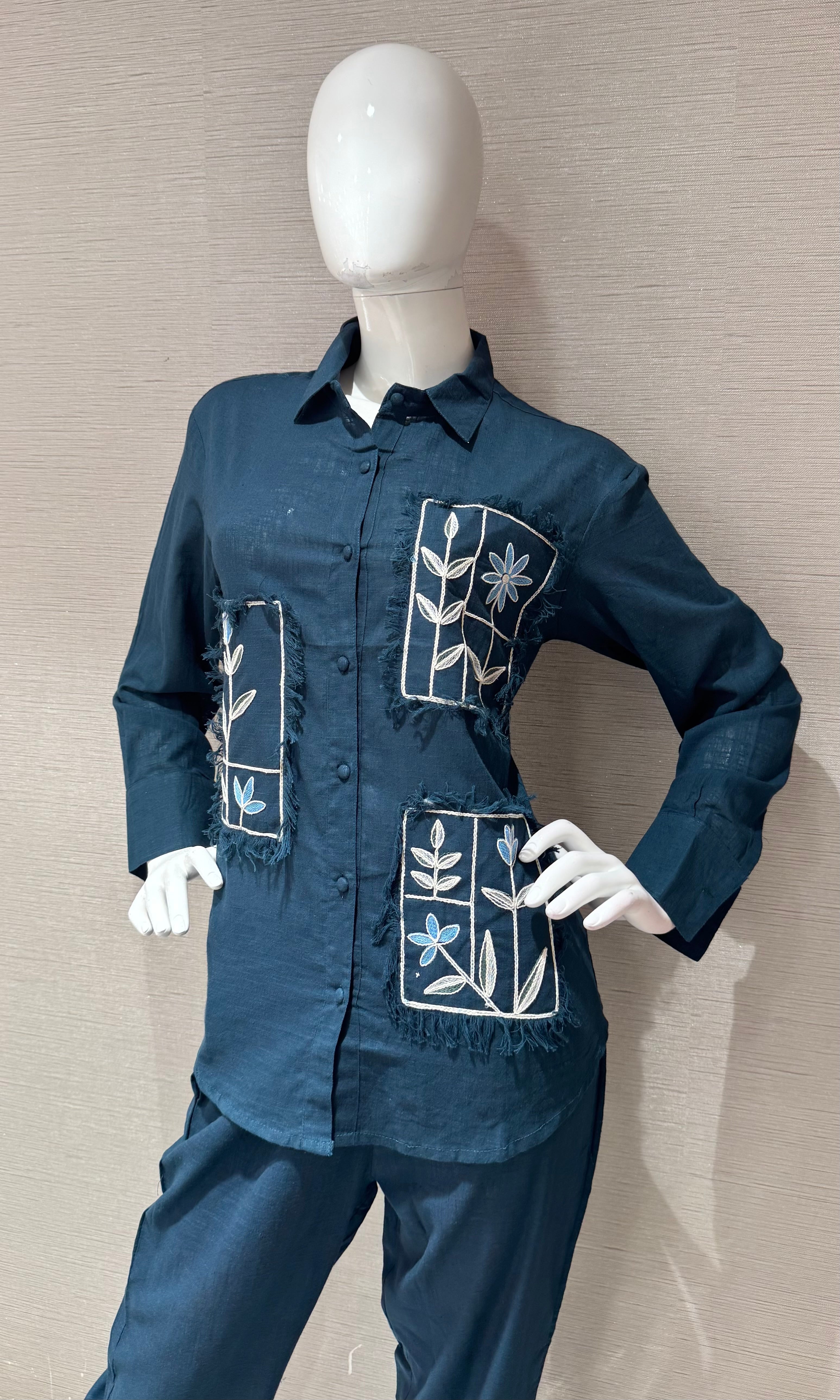 Green cotton embroidery work short cord set