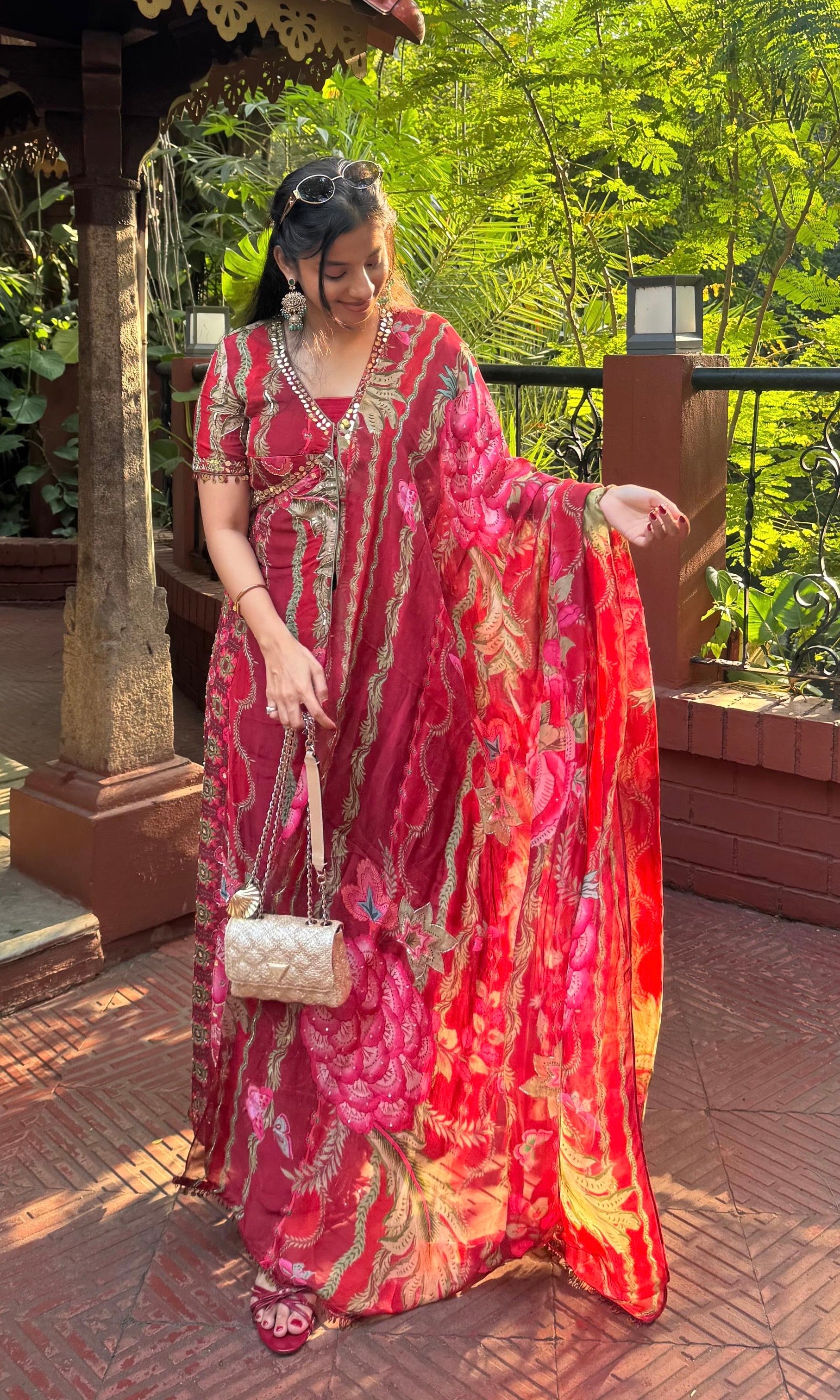 Red front slit Anarkali with palazzo pants