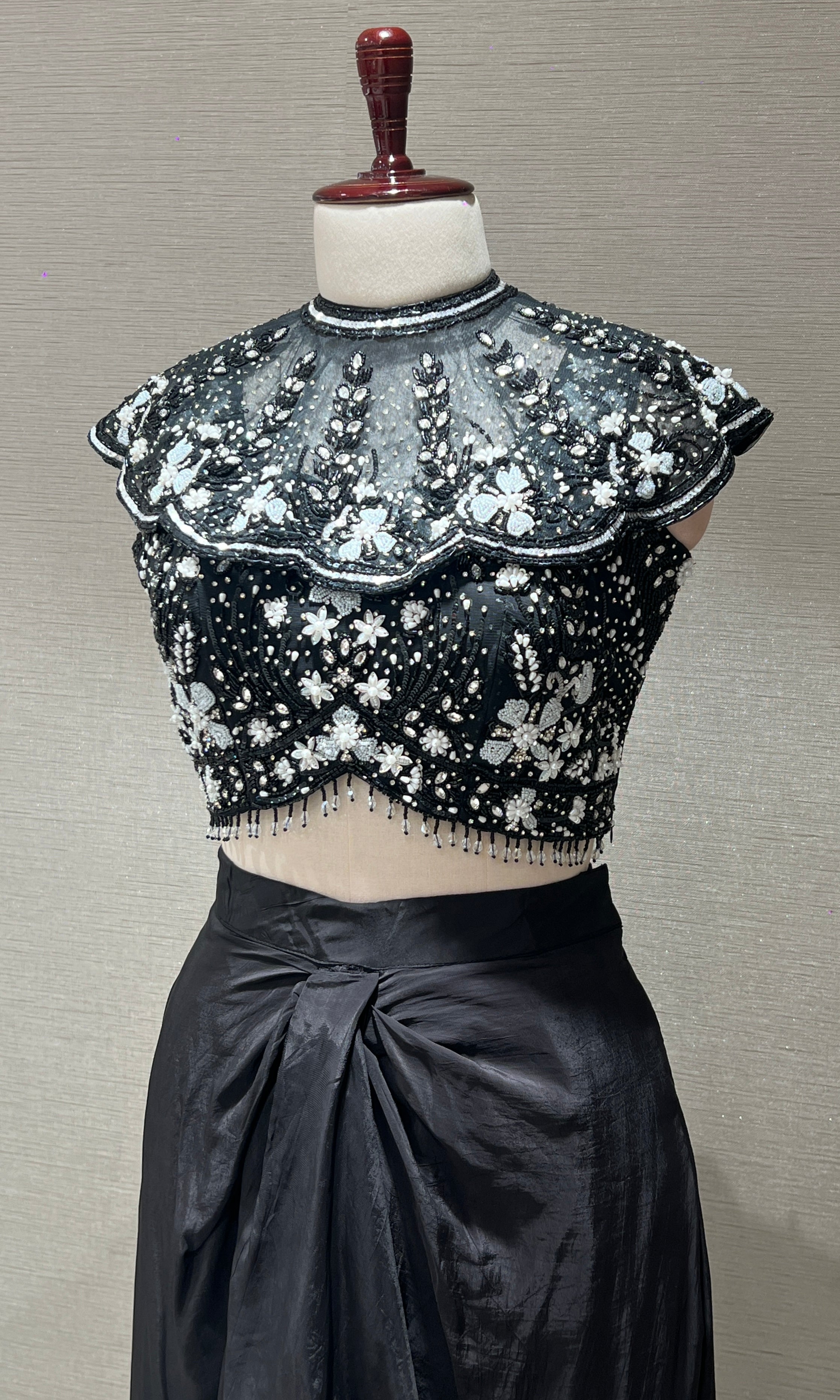 Black Crystal Sequin BLOUSE with Ruffle Drape Skirt