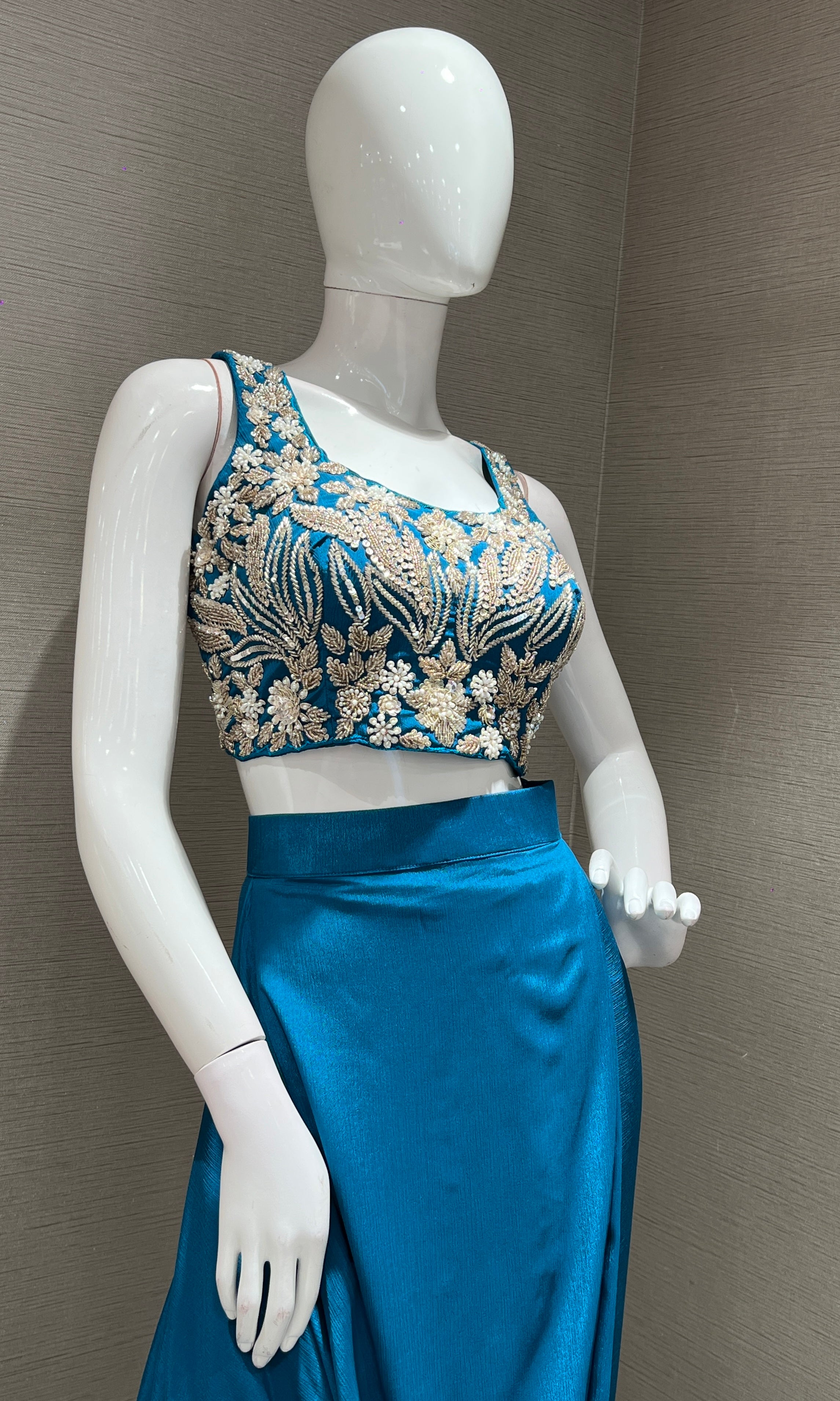 RAMA BLUE EMBROIDERED BLOUSE WITH DRAPE SKIRT