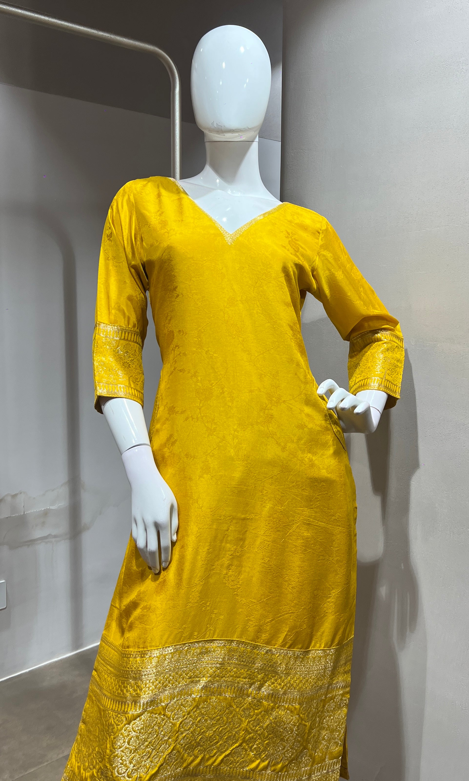 Yellow Silk Straight Kurta Set with Gold Border