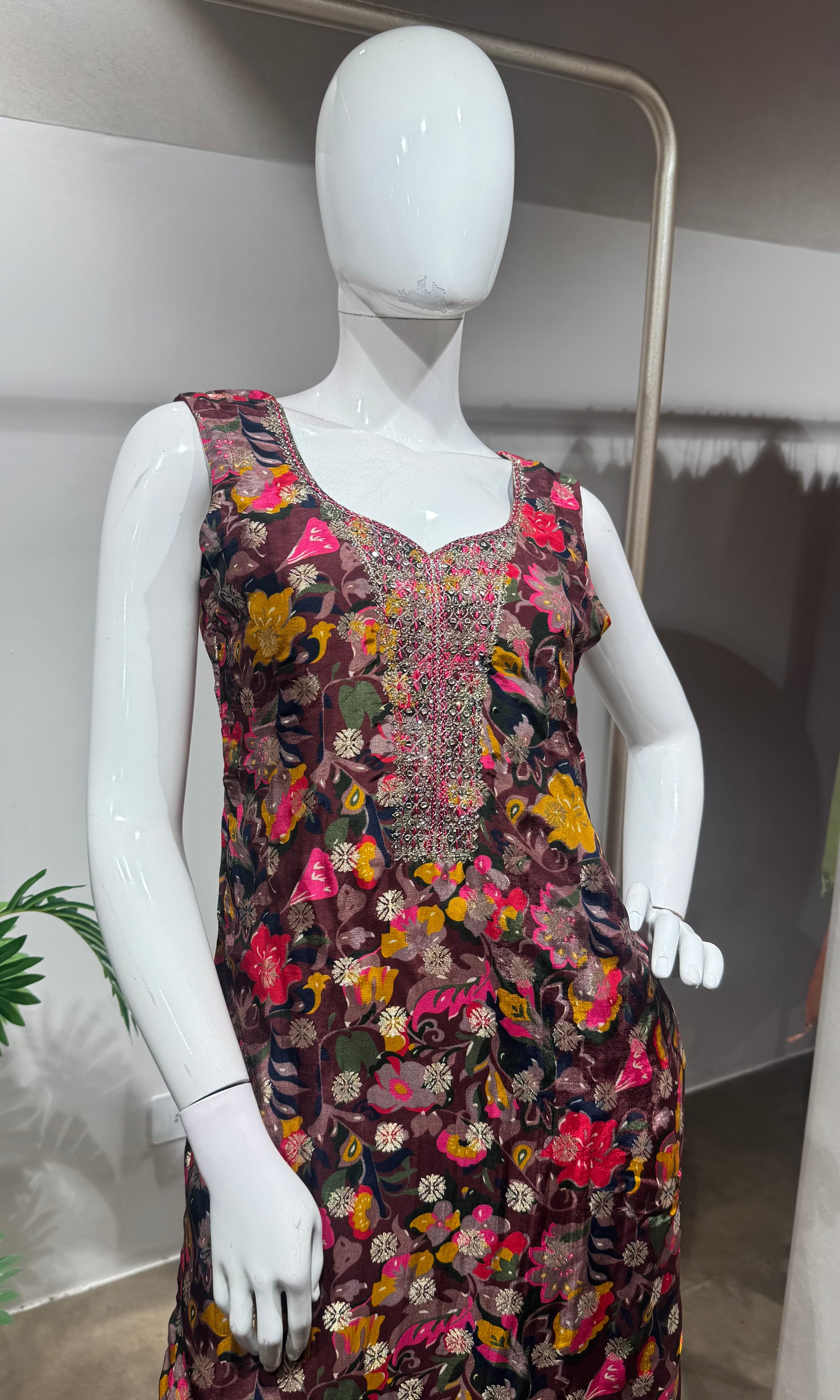 Wine multi floral printed kurta set