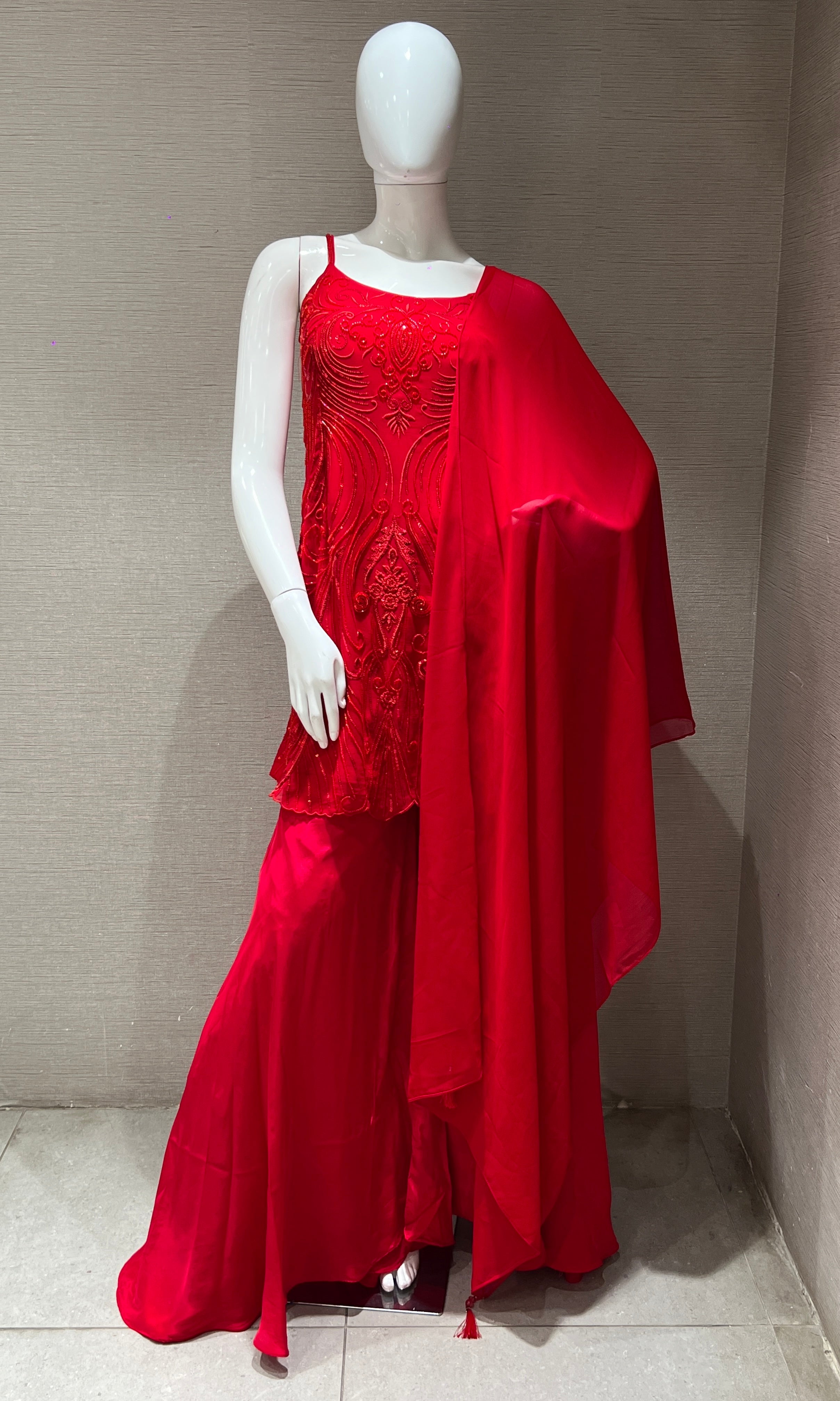cherry Red silk palazzo set with bead work