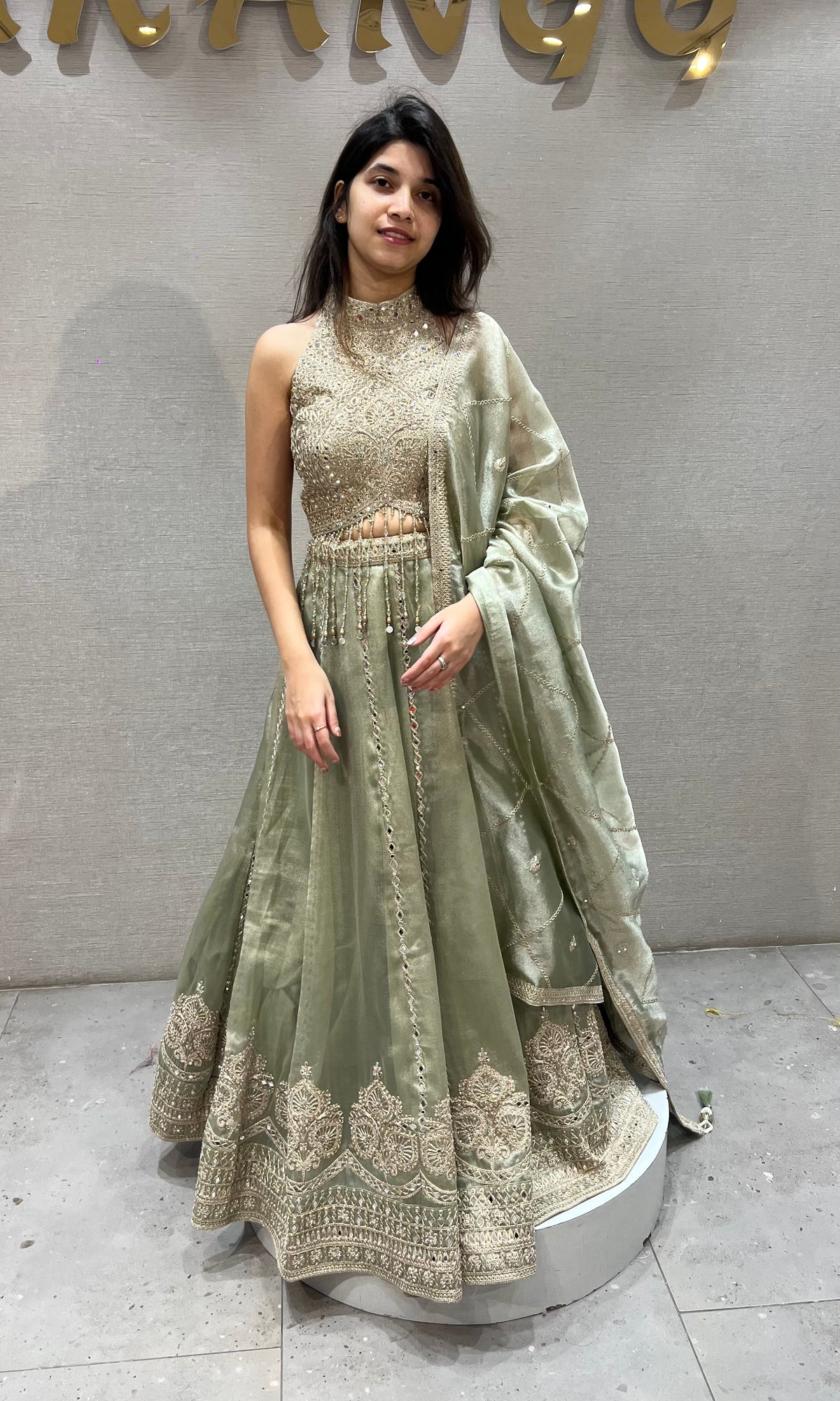 Mint Crush tissue silk Sequined Halter Lehenga set