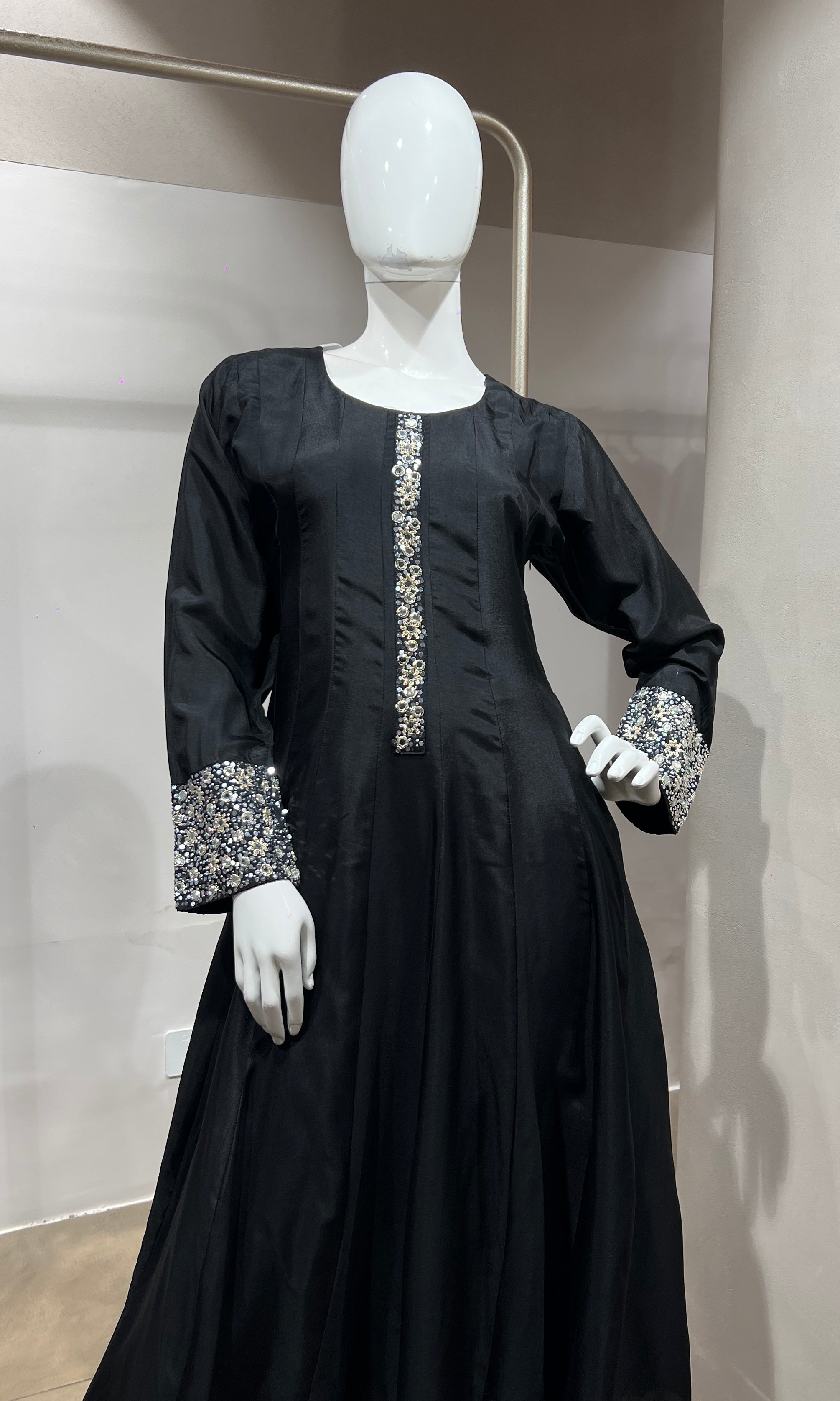 black Straight Kurta Set with Mirror Embroidery