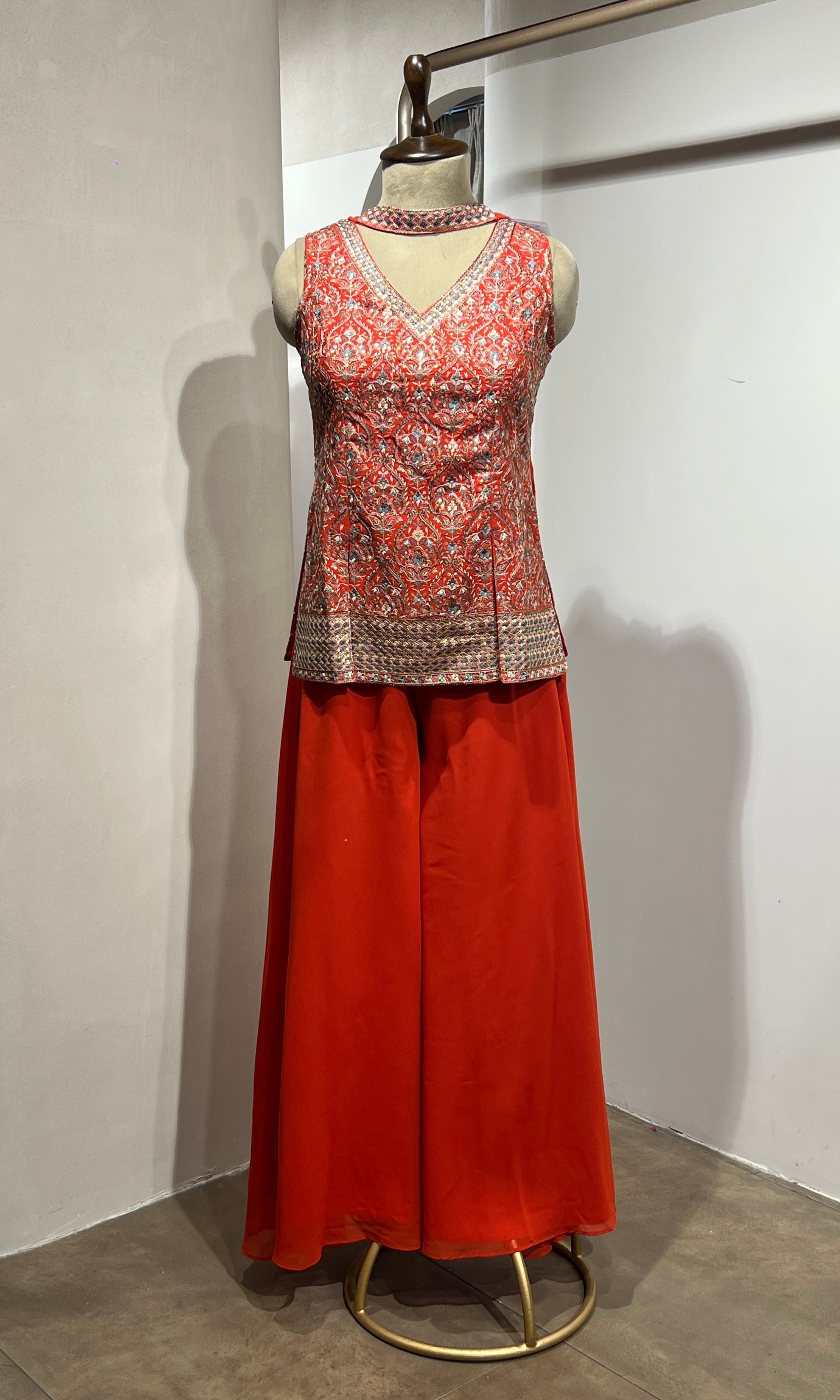 Rust EMBROIDERED PEPLUM PALAZZO SET