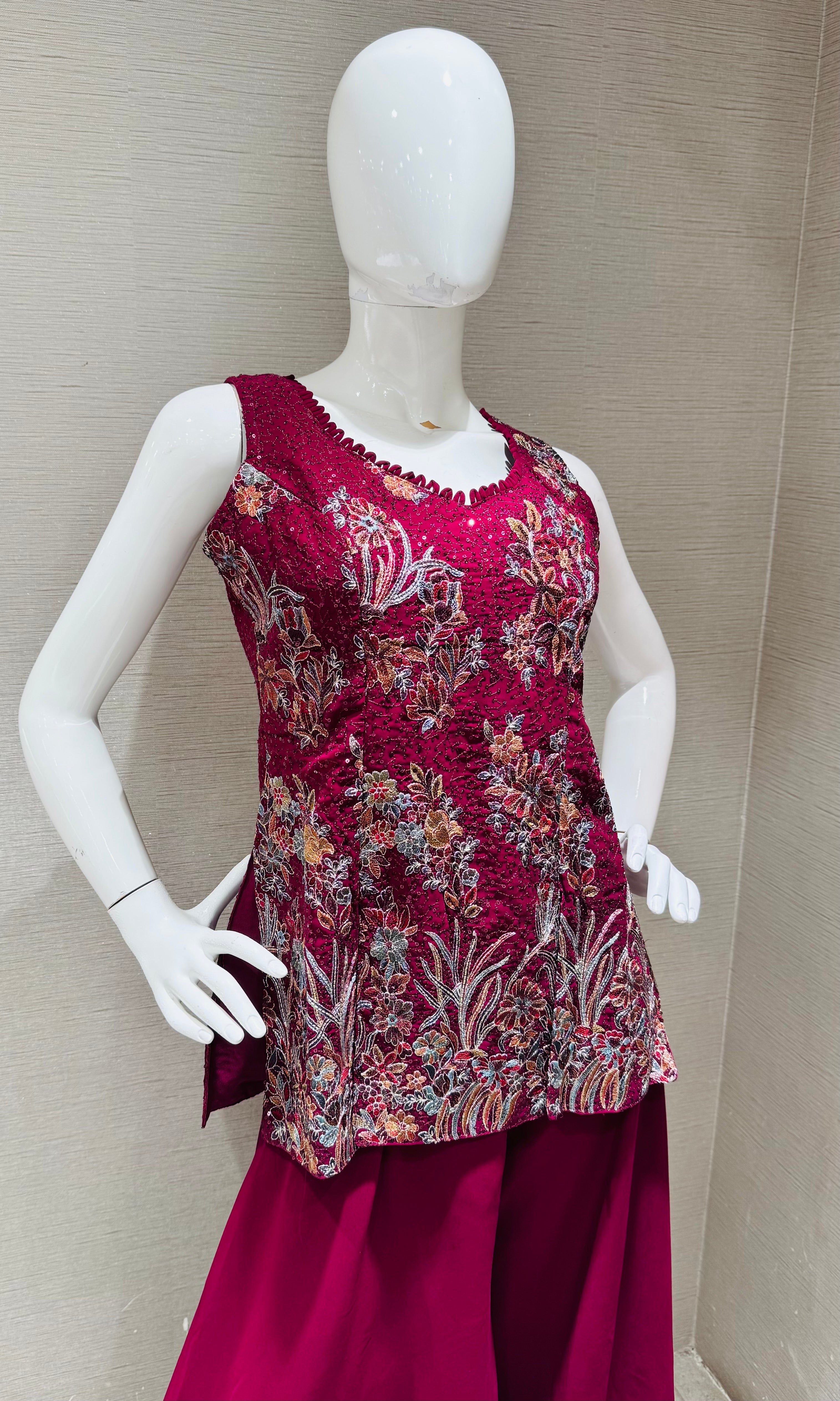 Wine floral zari georgette Palazzo set