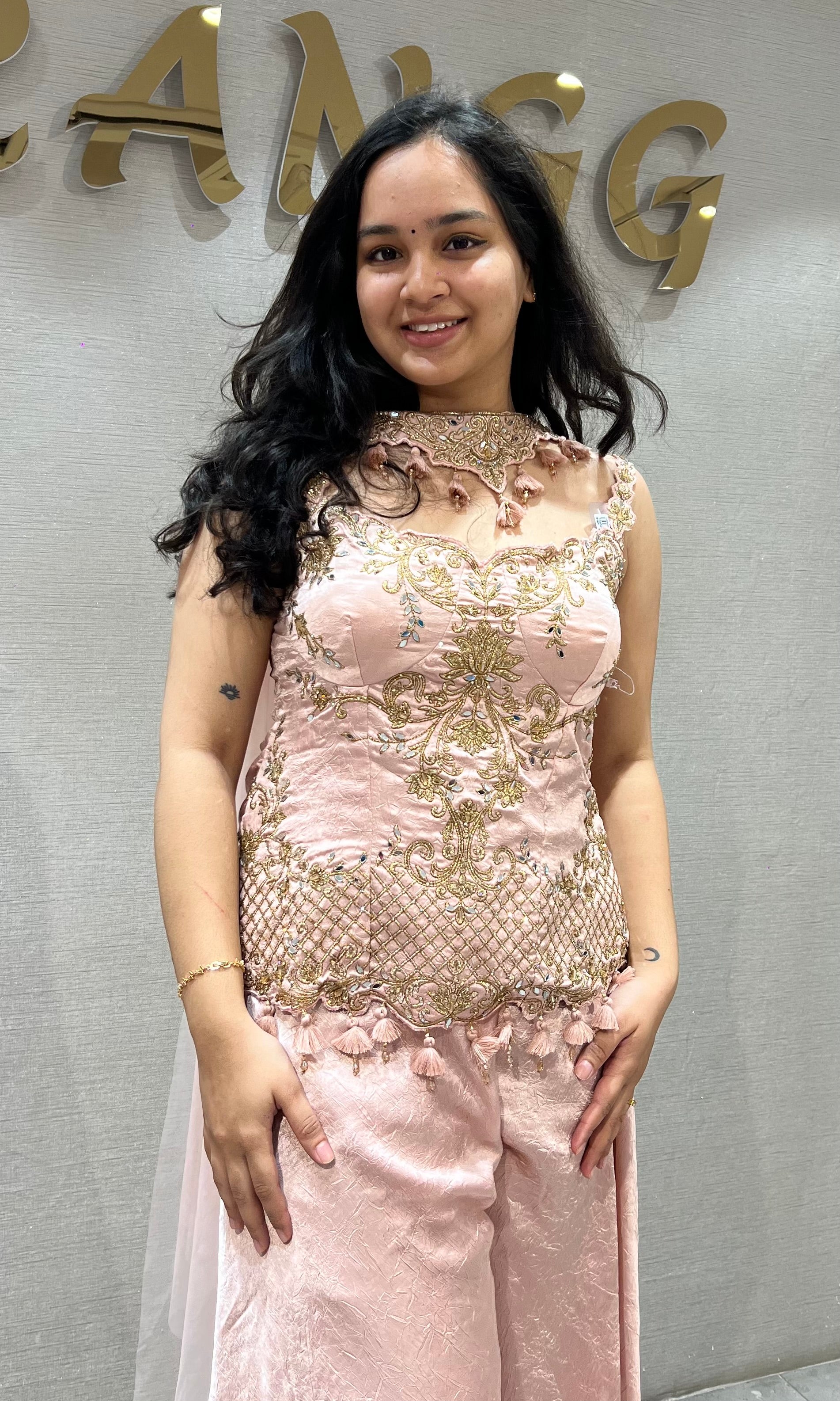 Baby Pink Satin Palazzo Ensemble with Gold Embroidery