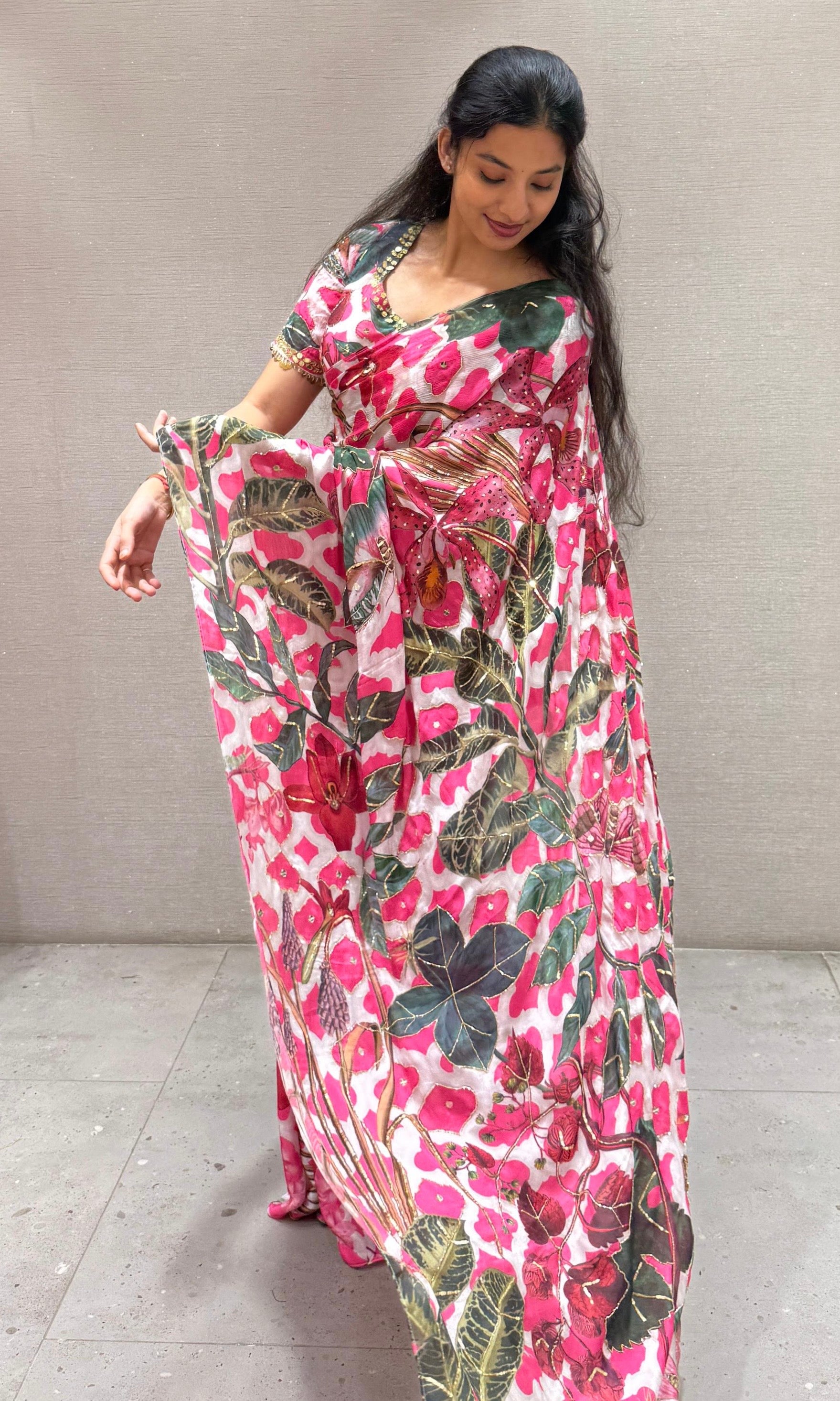 Pink saree with ready blouse