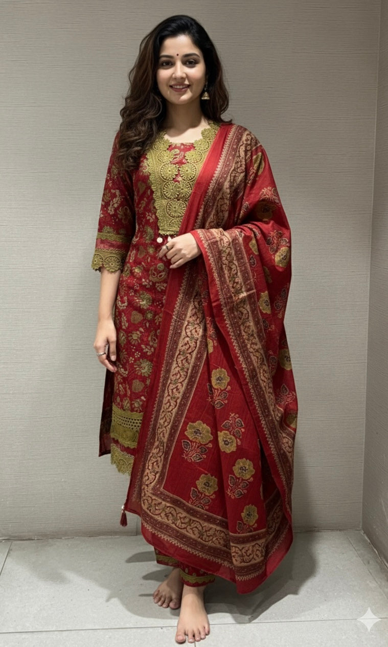 Red FLORAL EMBROIDERED KURTA SET