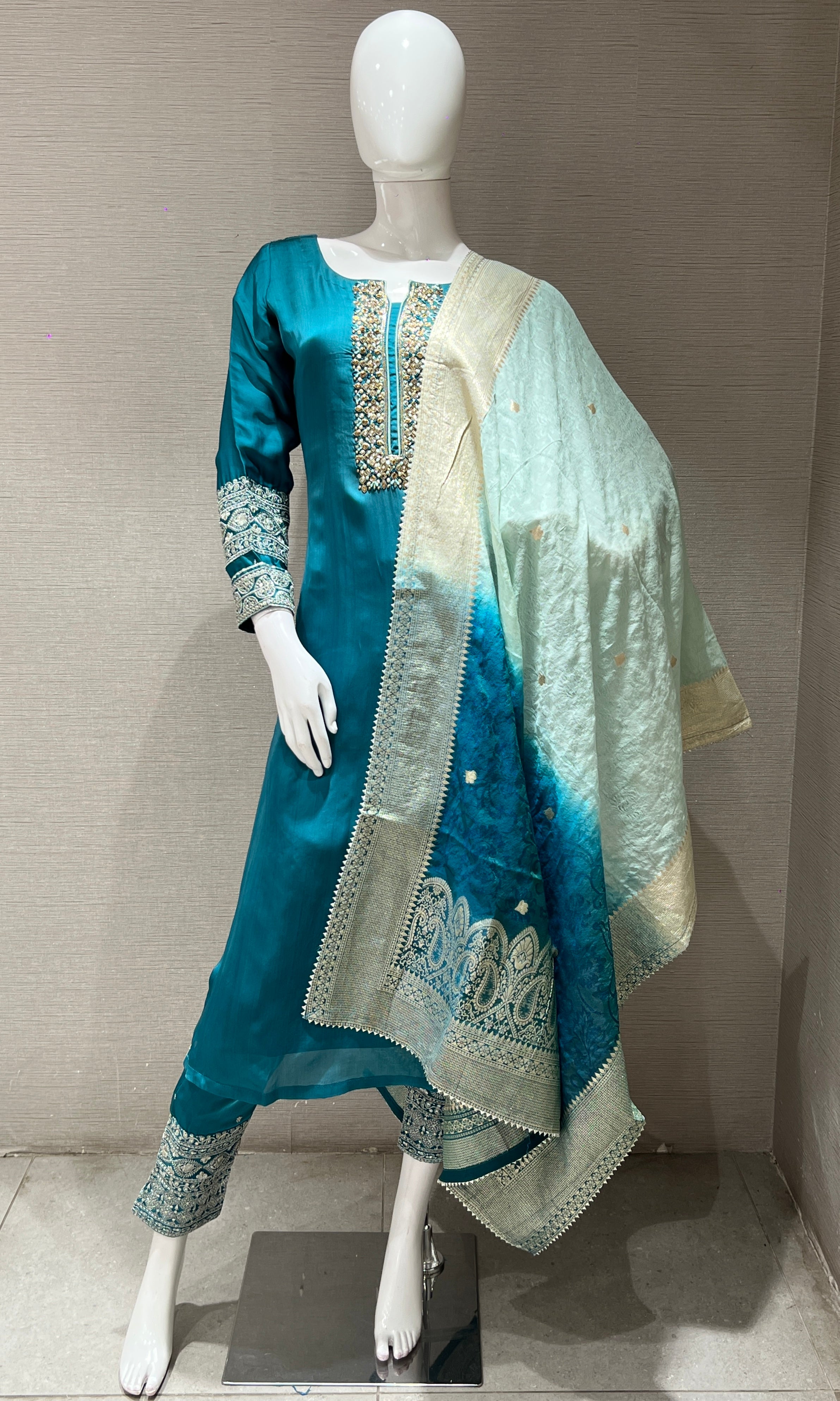 Teal Blue Embroidered Kurta set