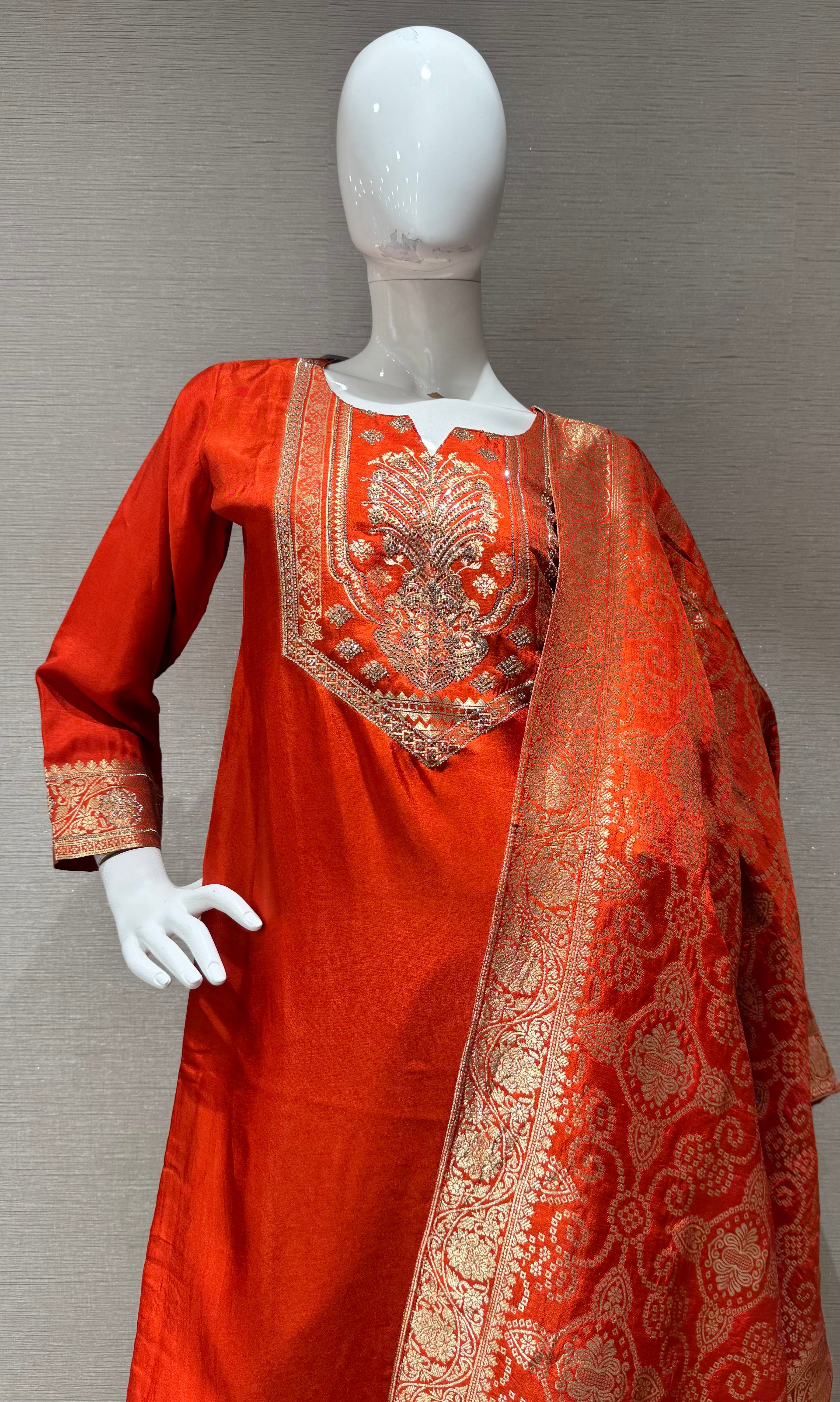 Orange Silk Blend Ethnic Kurta set
