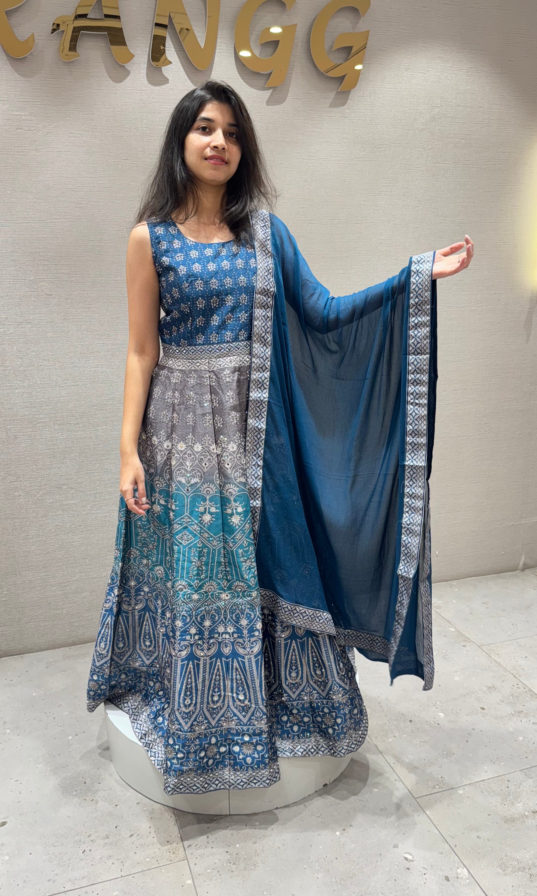 blue and grey embroidered anarkali