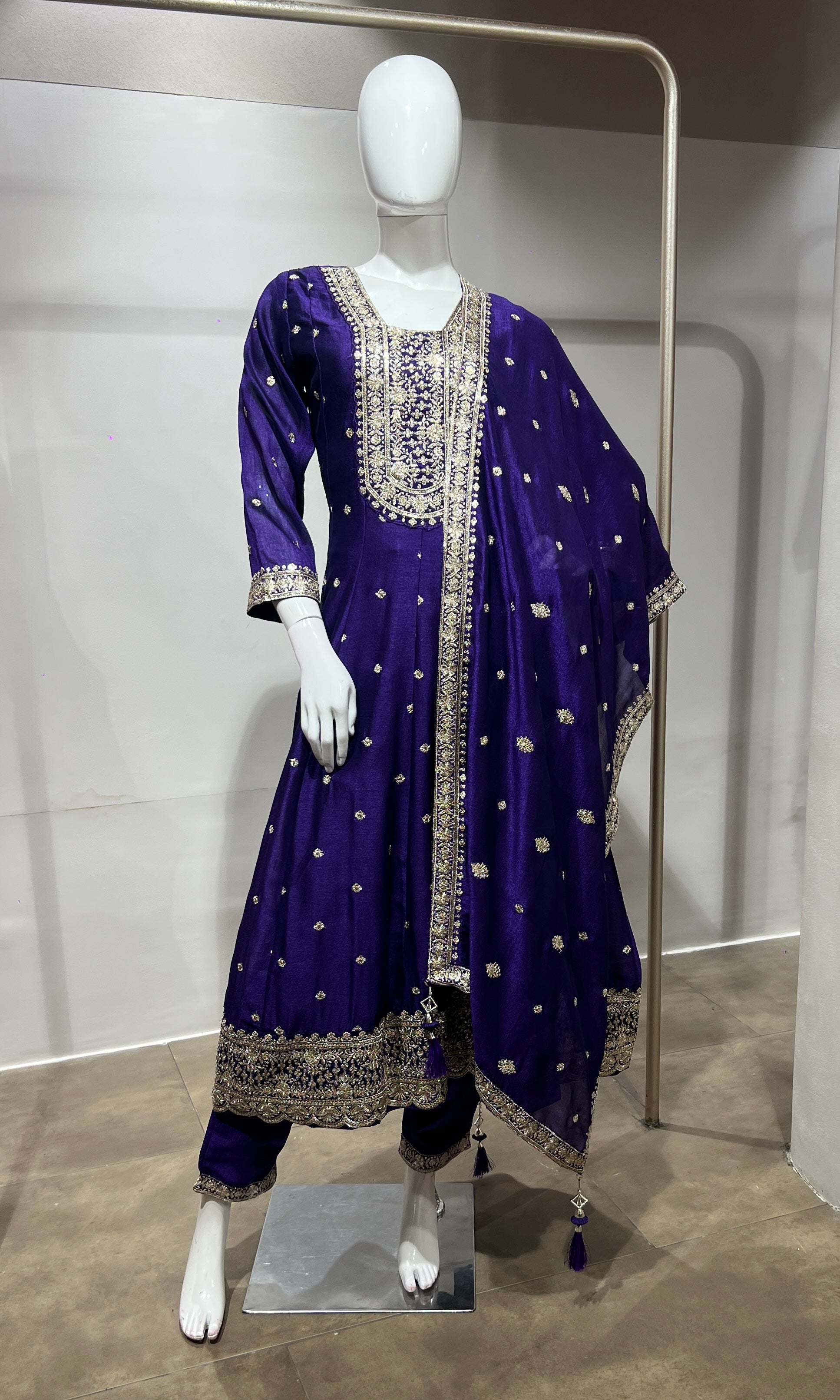 Purple gold embroidered anarkali set