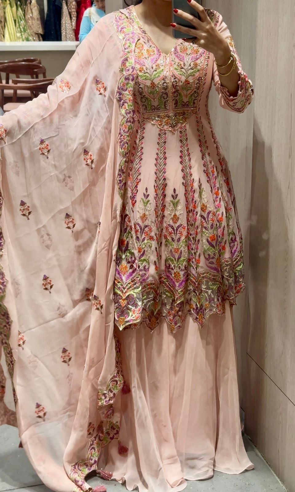 Peachy pink floral Embroidery peplum palazzo set