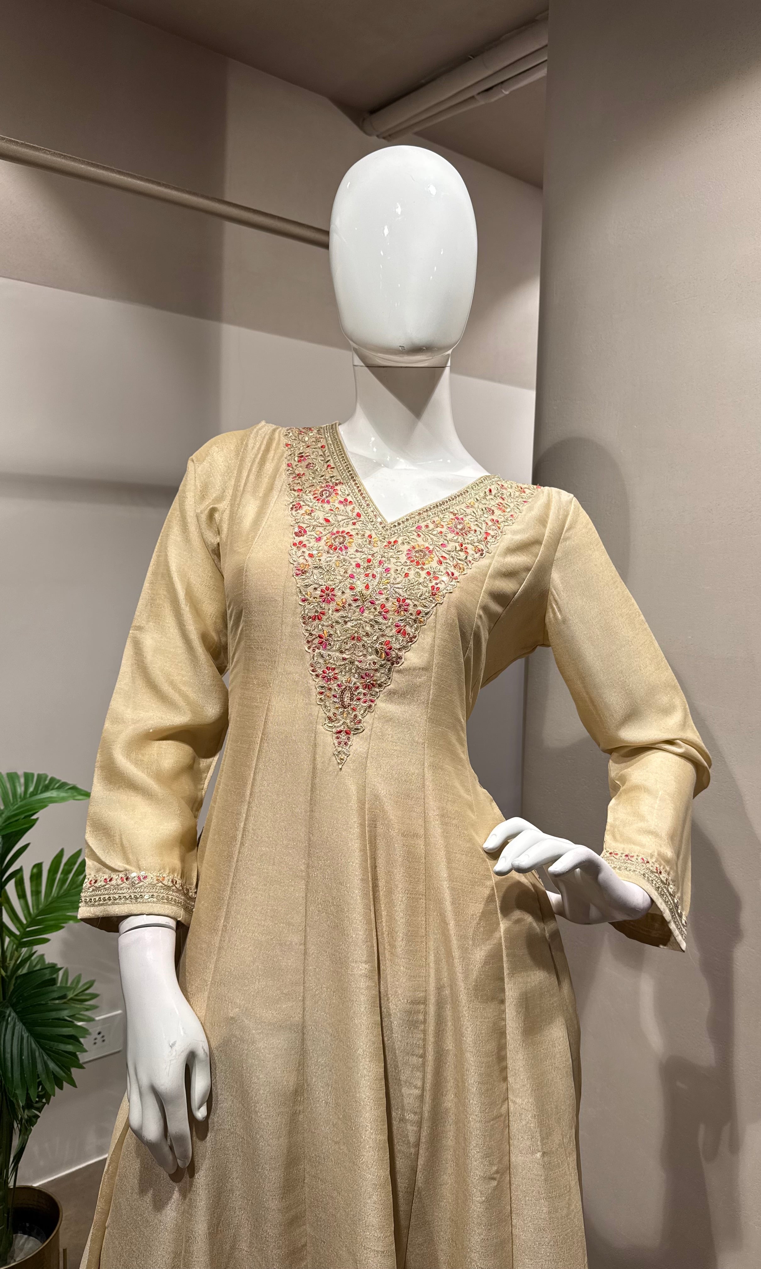 Cream Chanderi Silk Anarkali set