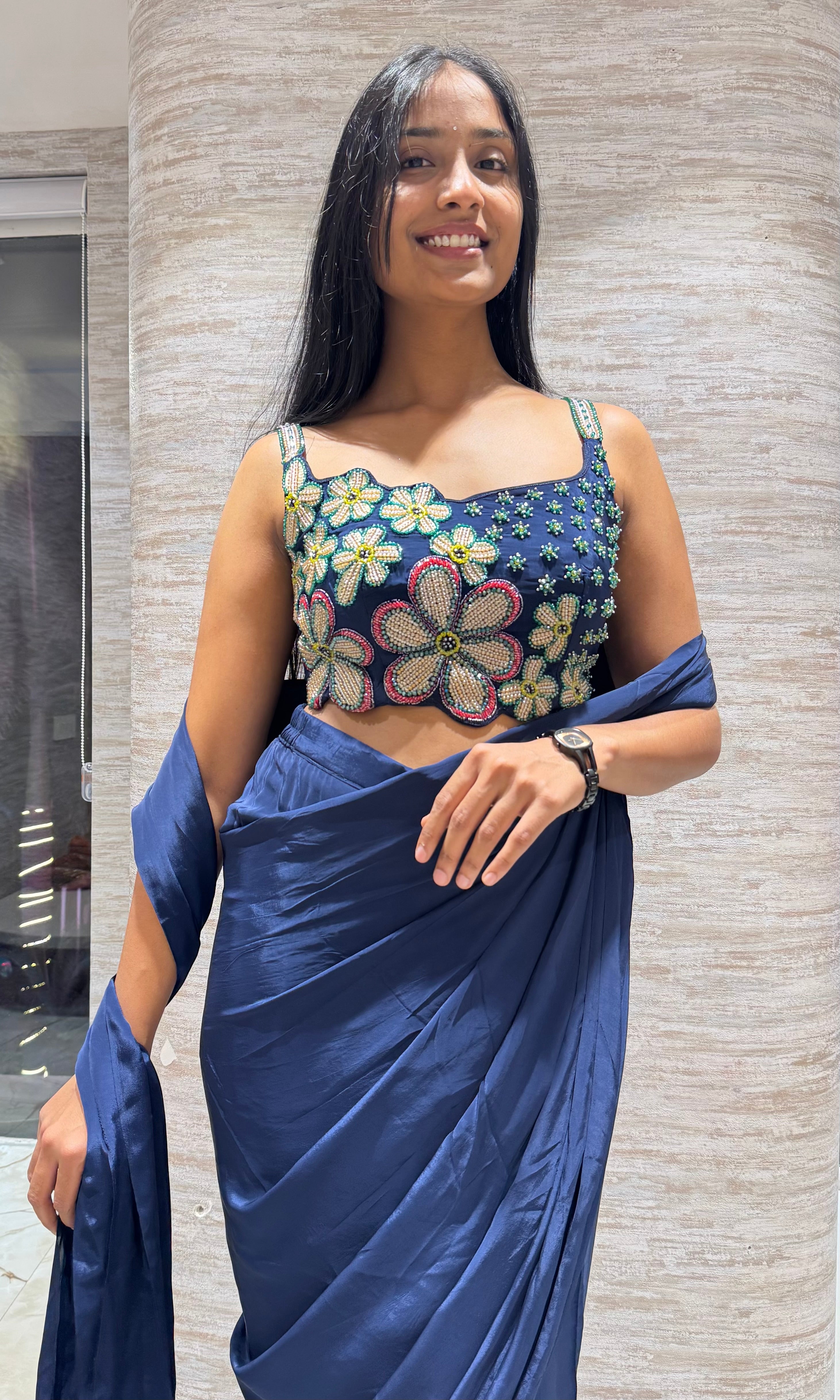 Navy Blue Drape Saree with floral blouse