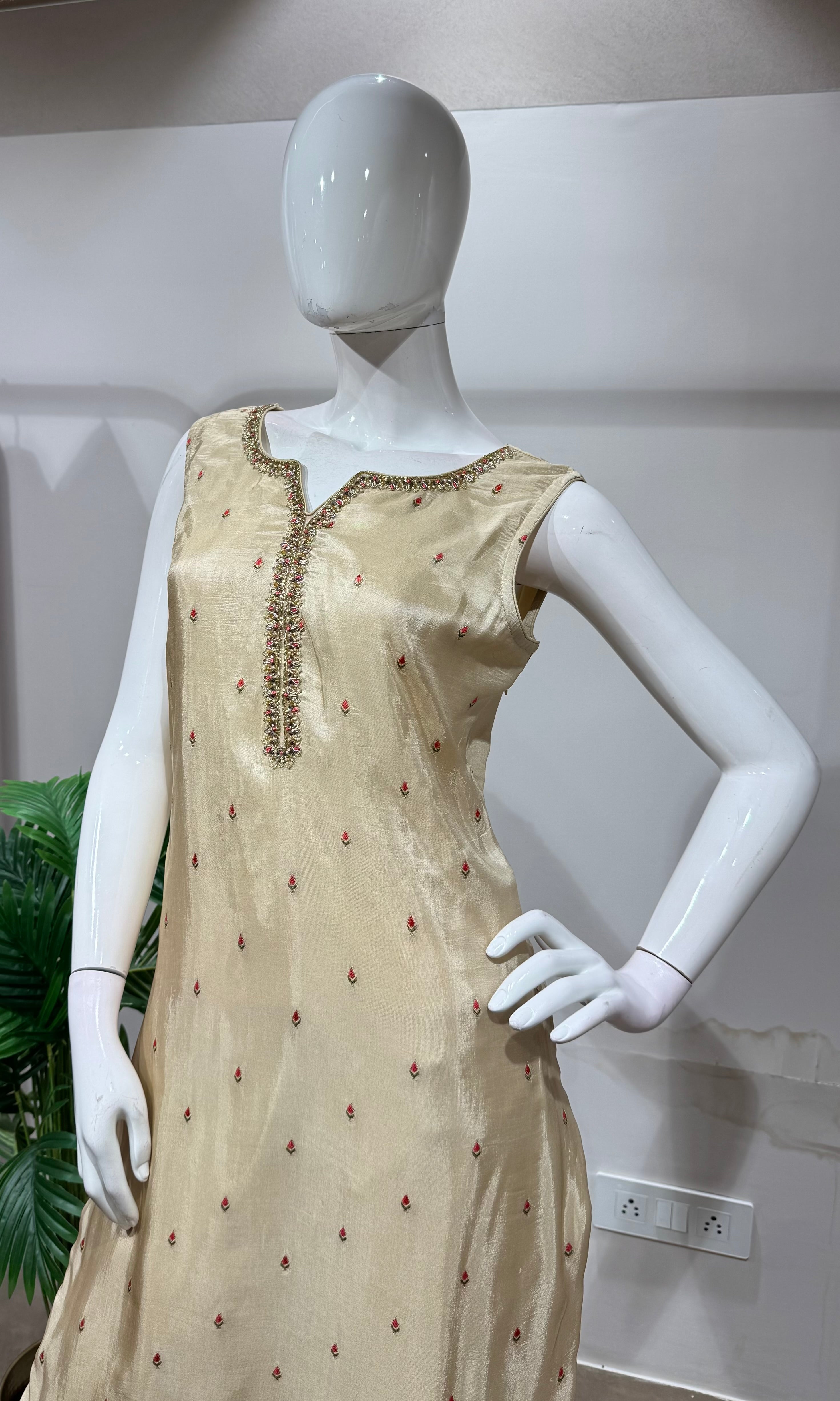 Royal Cream Silk Embroidered straight cut