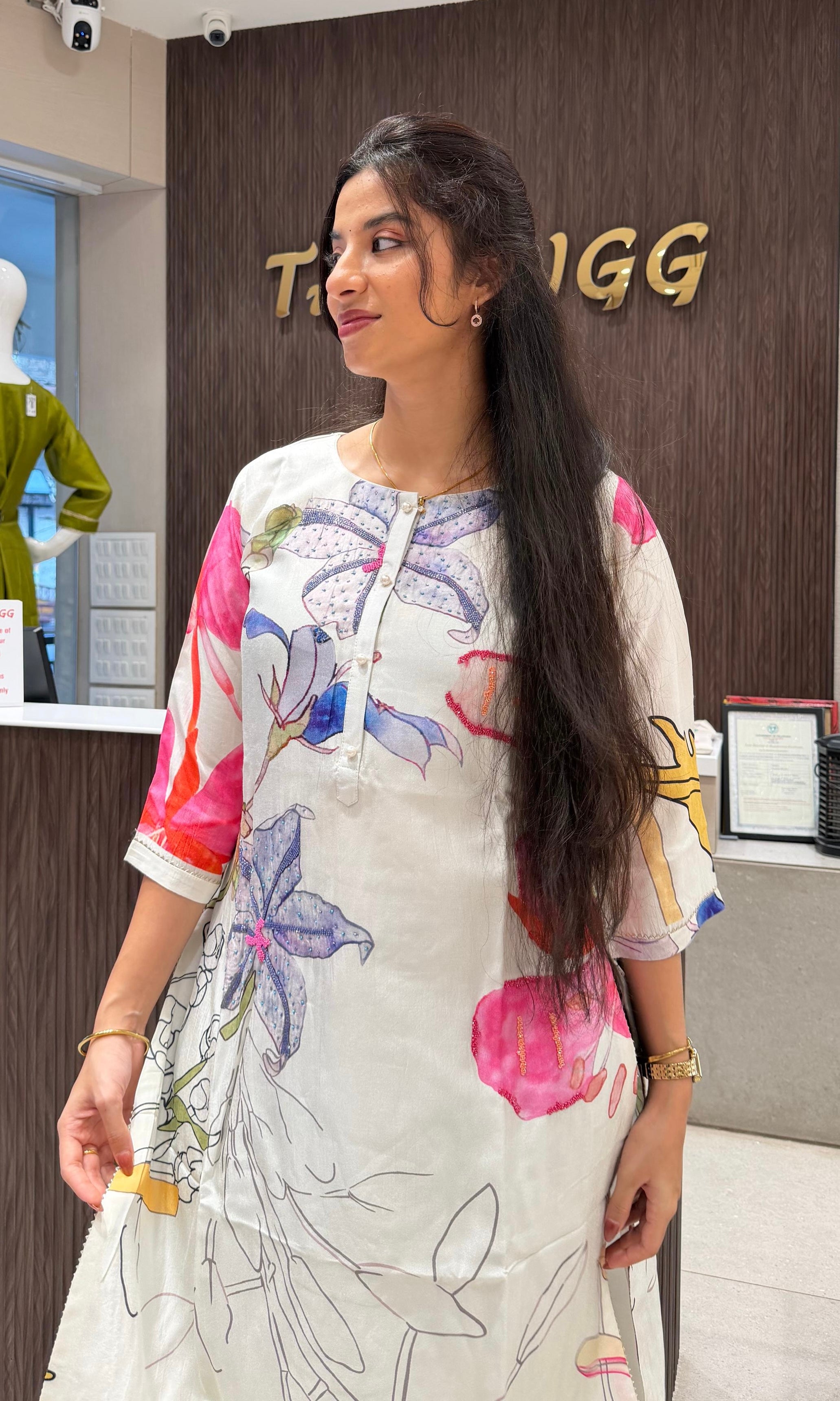 White Floral Printed A-Line Kurta