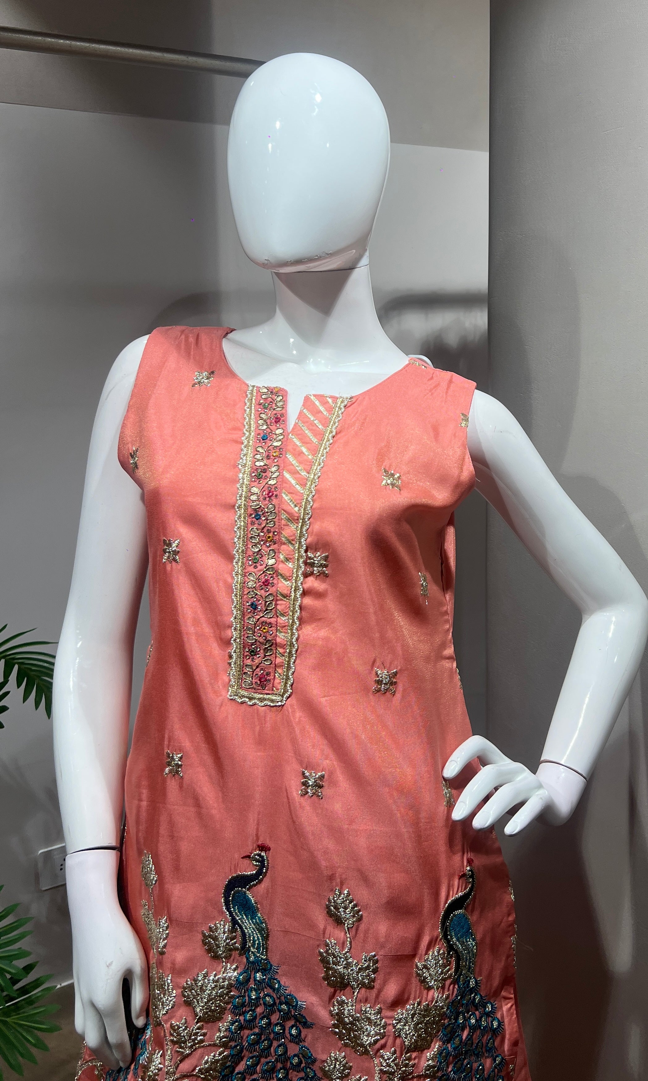 Peach Peacock Embroidered Palazzo SET