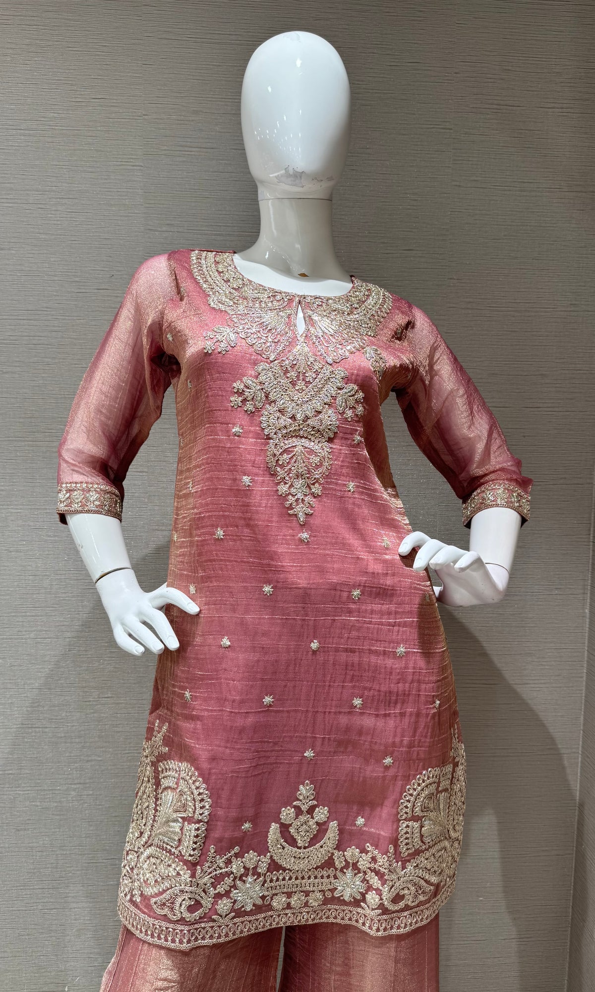 Pink Tissue Silk embroidered sharara set with dupatta
