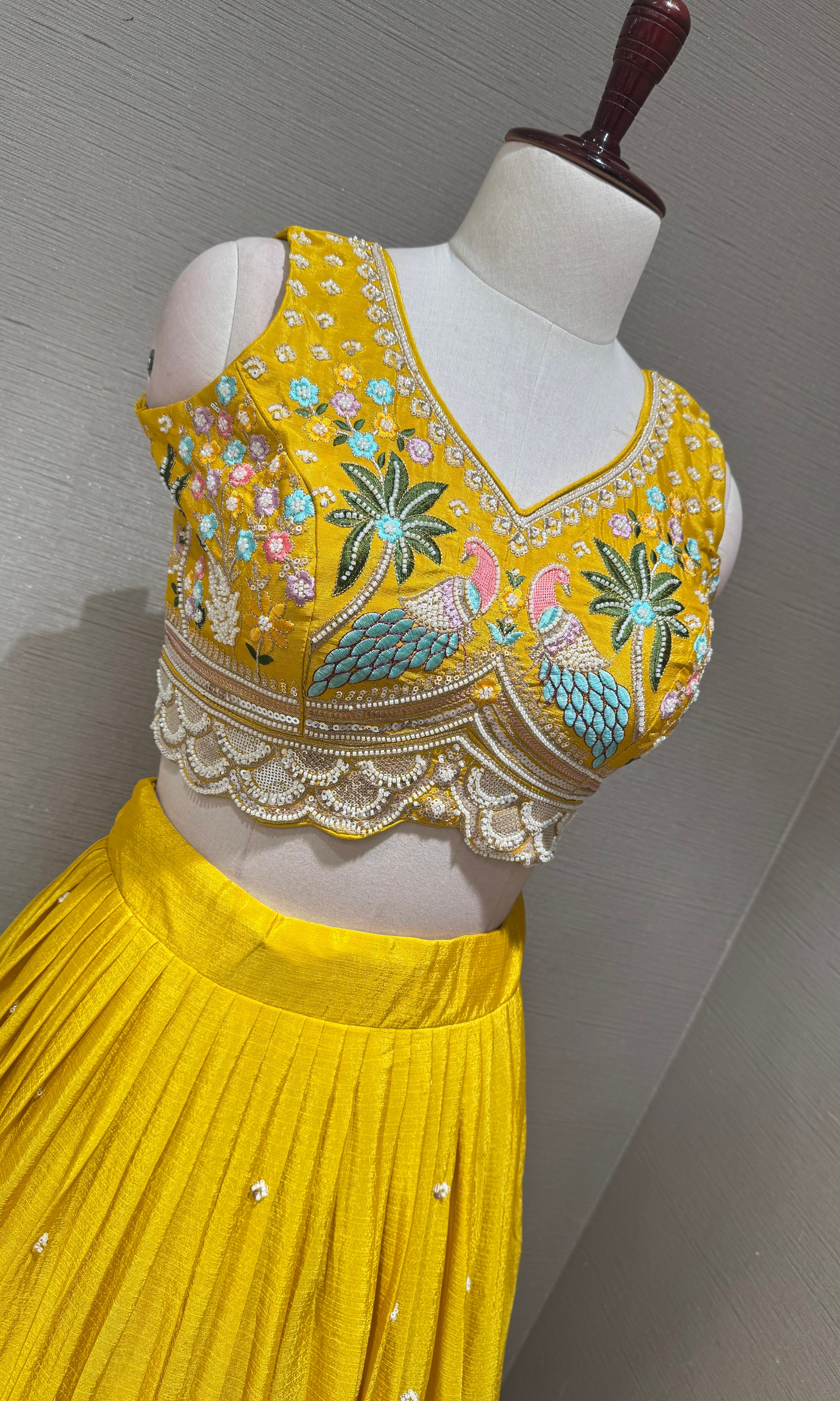 Yellow Tissue silk Lehenga with Peacock & Floral Embroidery