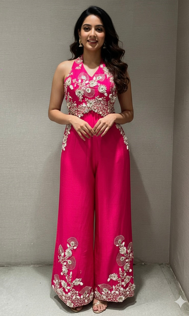 Rani Pink jumpsuit with floral embroidery