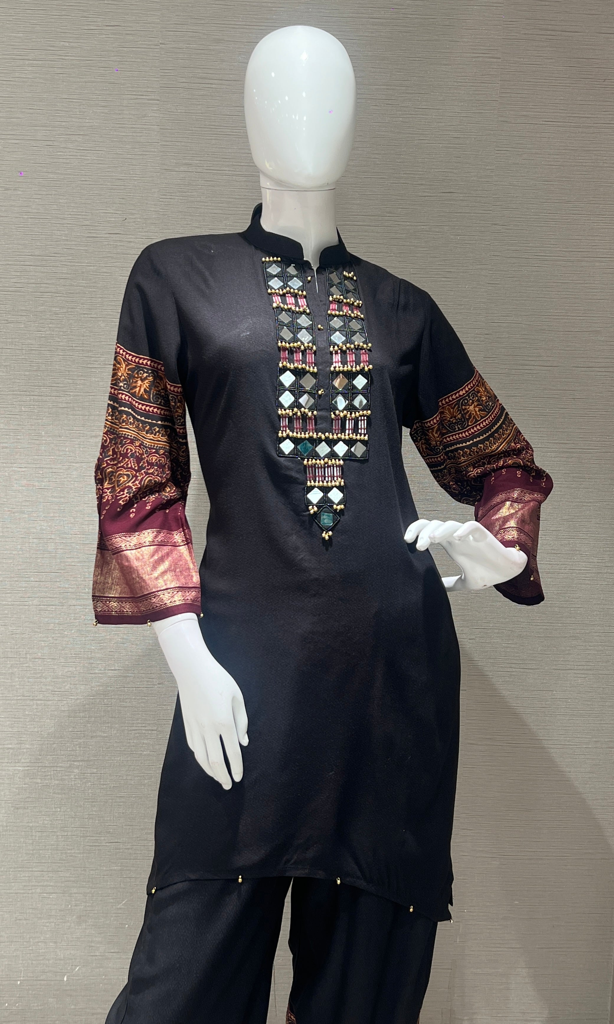 Black Mirror Neck Kurta & Printed Pants cord set