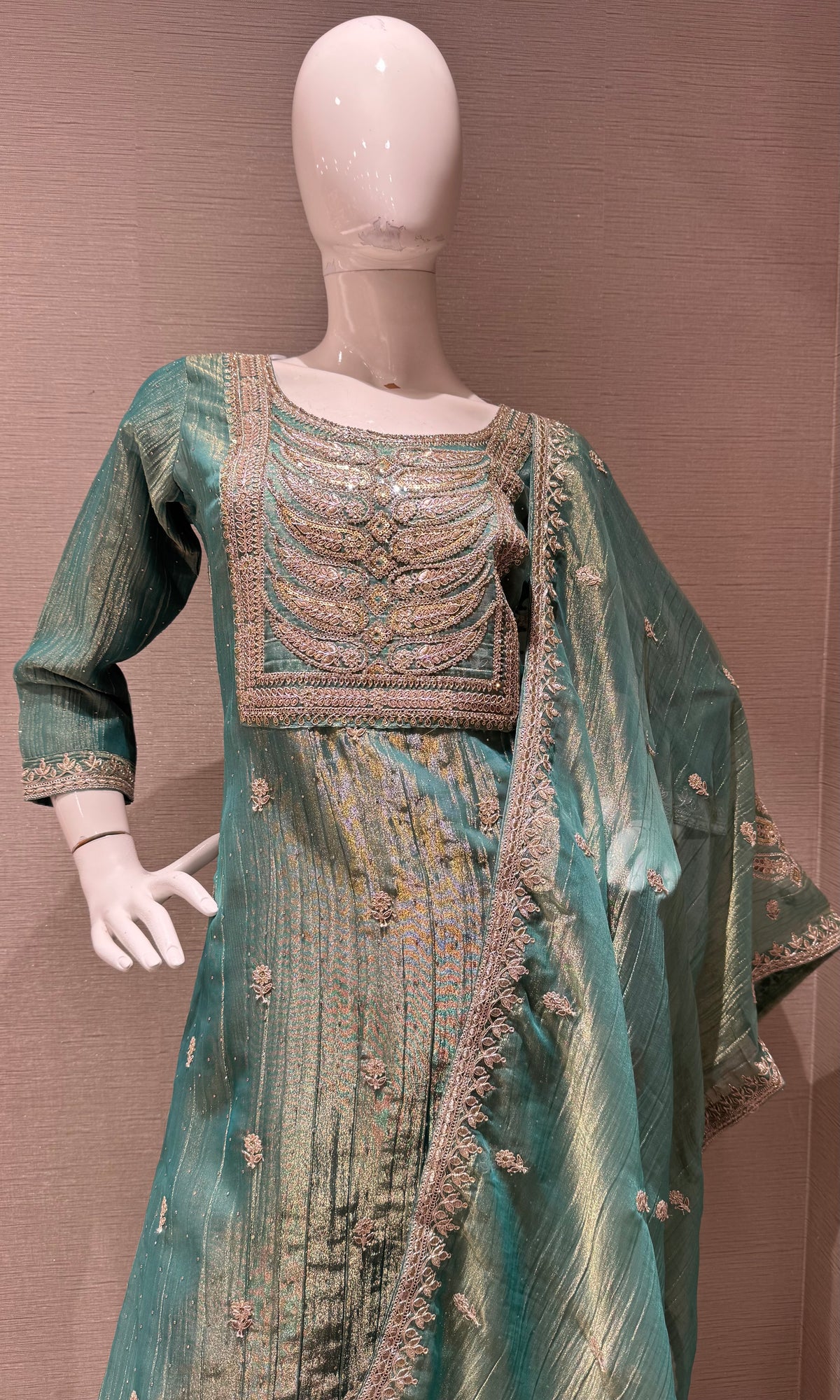 Green Shimmer Kurta Set with Gold Embroidery and Dupatta