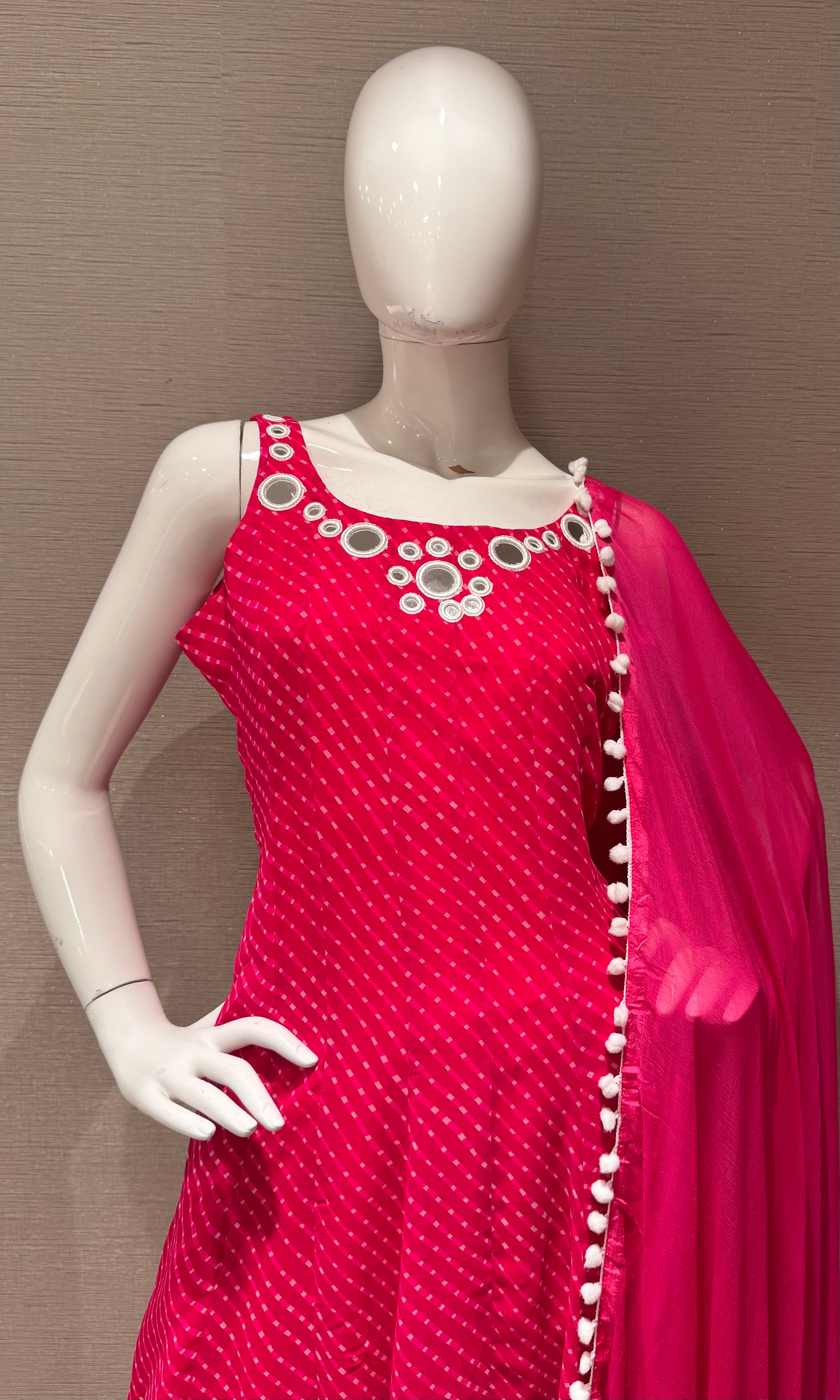 PINK bandhani print and intricate mirror anarkali set