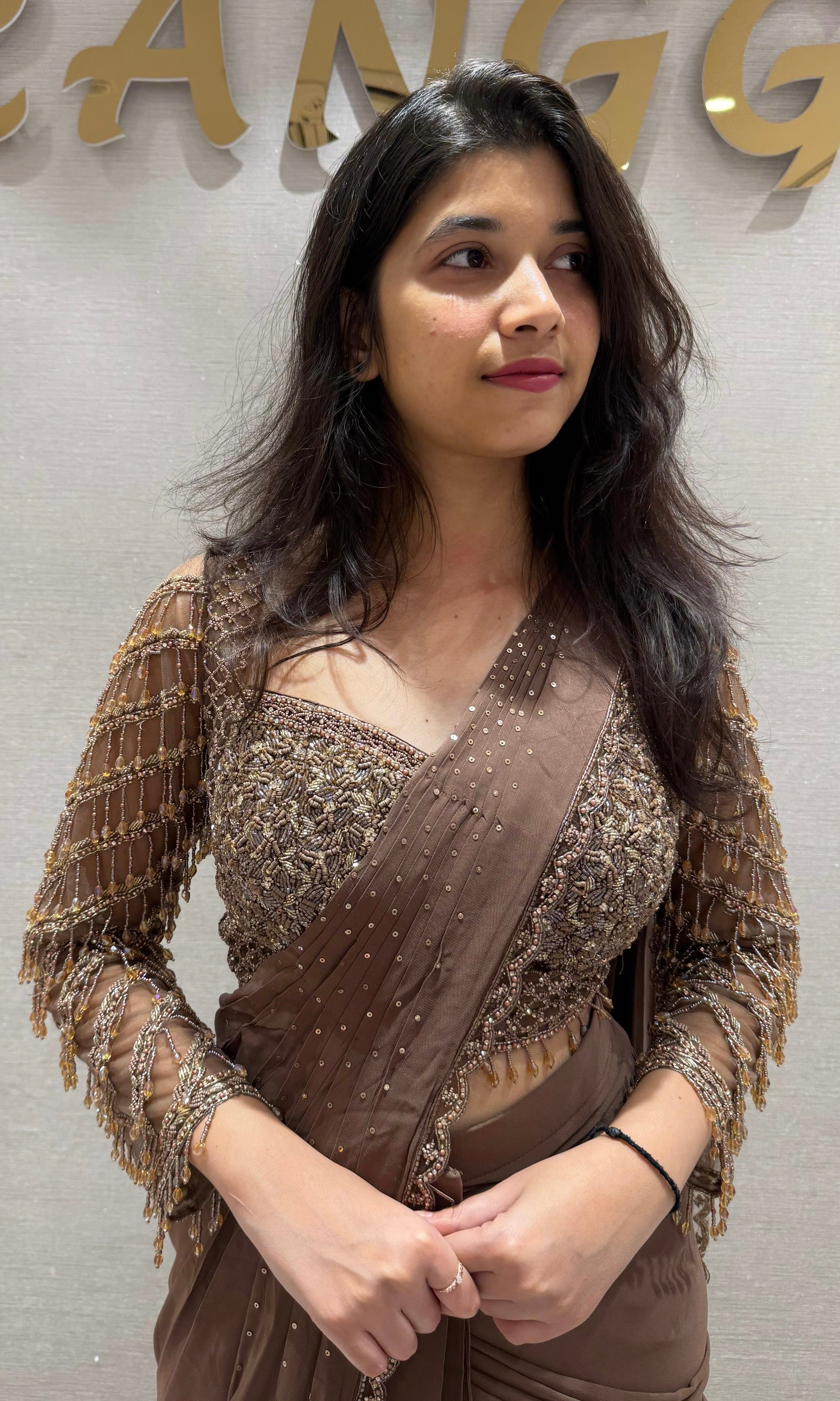 Brown Drape Saree with Beaded Blouse