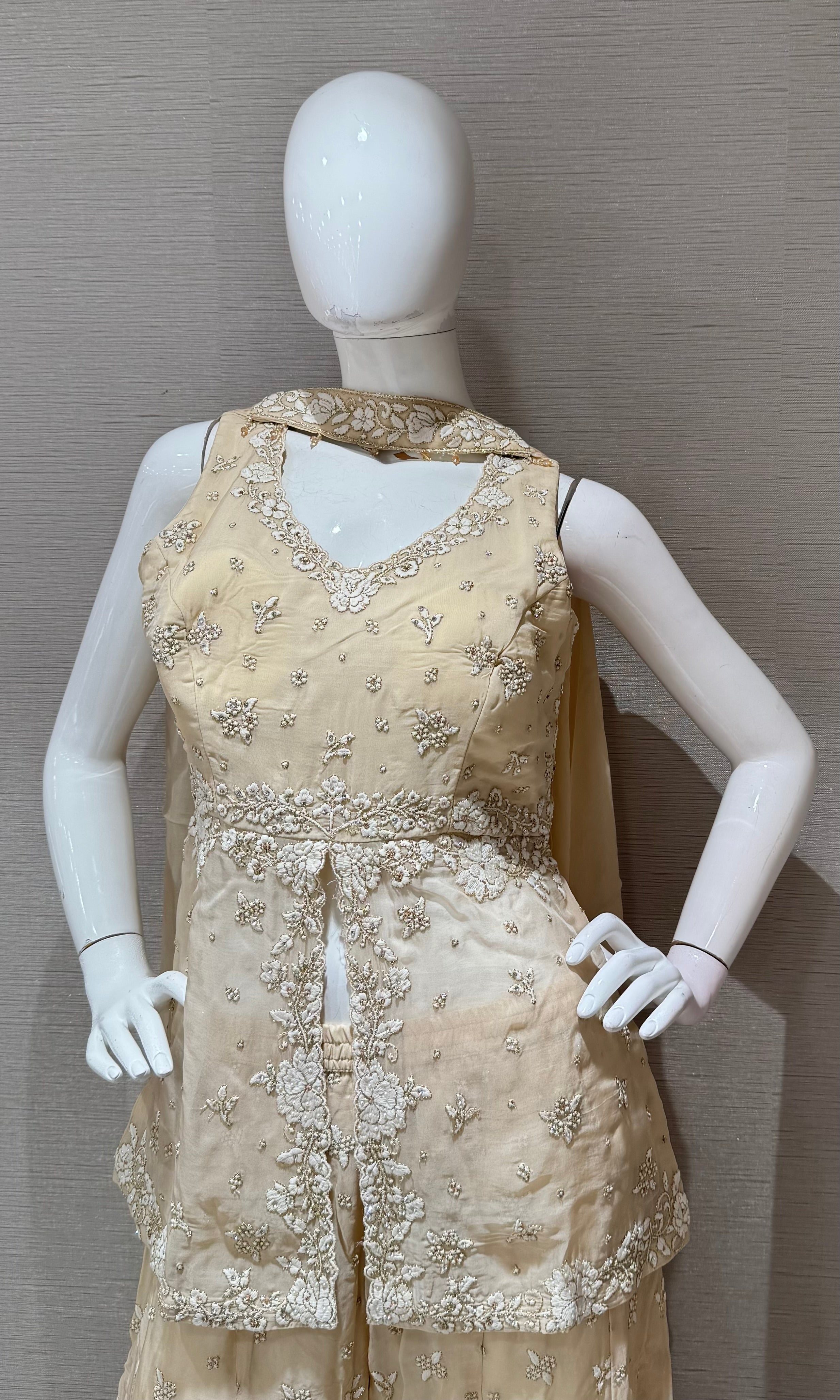 Cream Embellished Palazzo Set with Dupatta