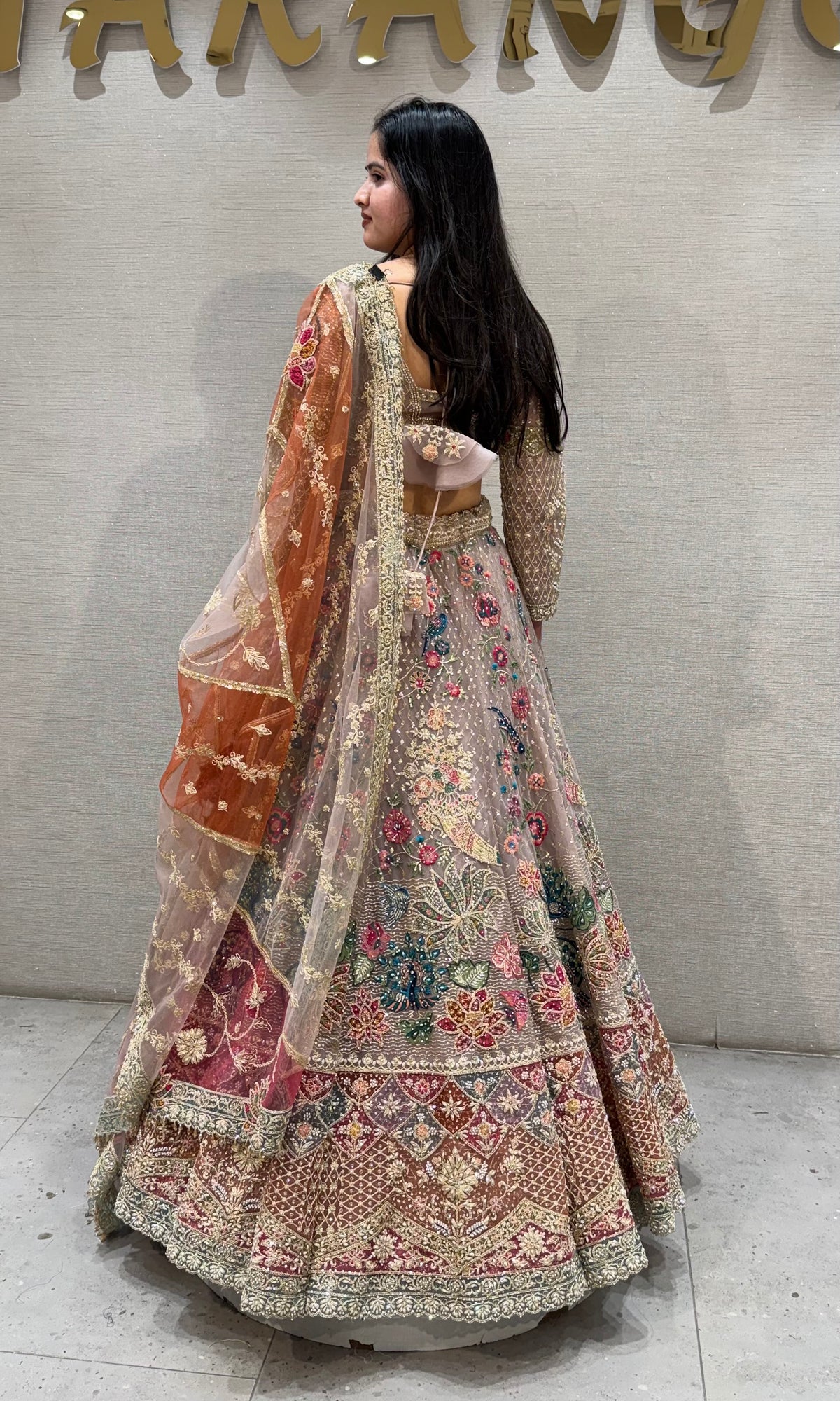 PINK Multicolour Floral Embroidered netted bridal Lehenga