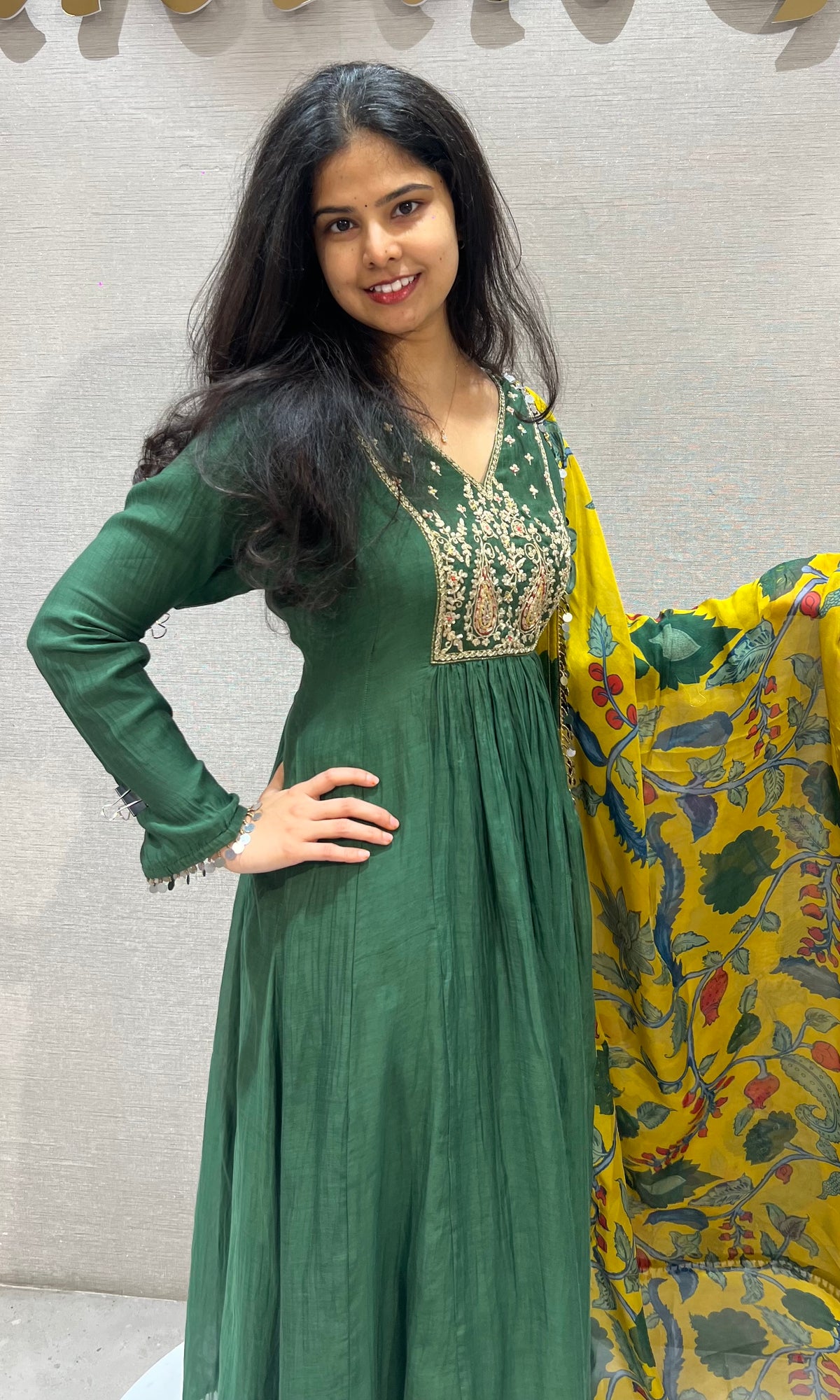 Green mul chanderi Kurta Set with Floral Dupatta